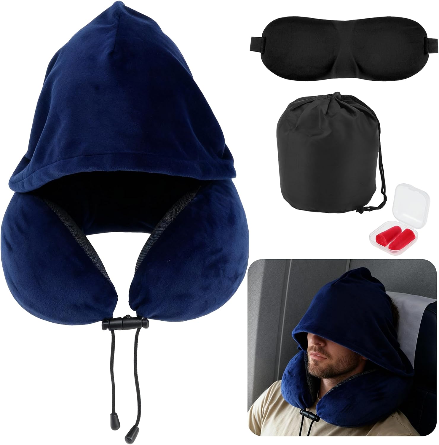 Travel Neck Pillow with Extra Large Hood for Airplane, Washable Memory Foam Pillow, Suitable for Offices, Deep Blue