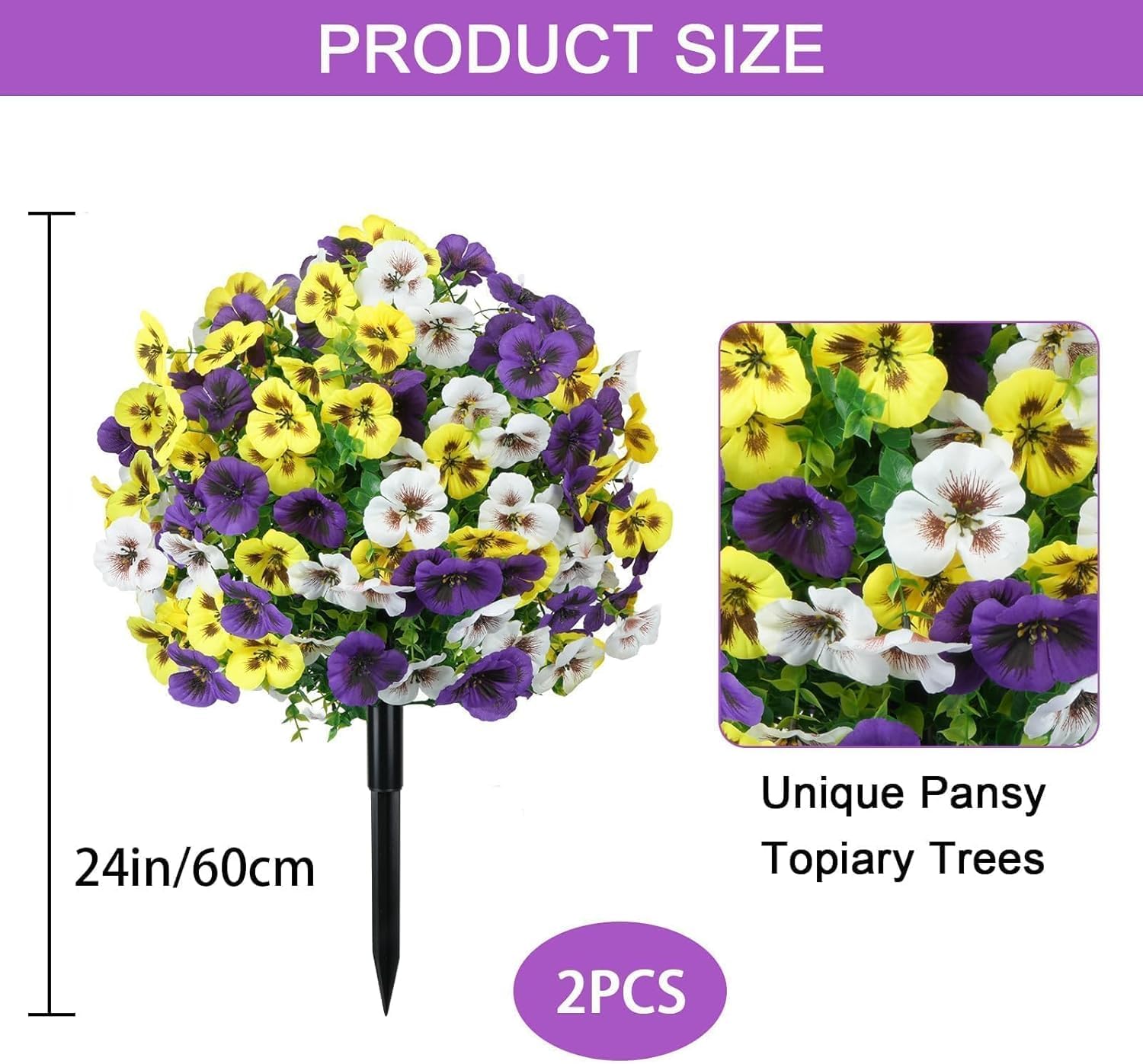 2er Set Künstliche Blumen Outdoor 60 cm Künstliche Buchsbaum mit Erdspieß Stiefmütterchen Buchsbaumkugel Wetterfest Kunstblumen Frühling Deko Künstliche Pflanzen für Draußen Balkon Garten