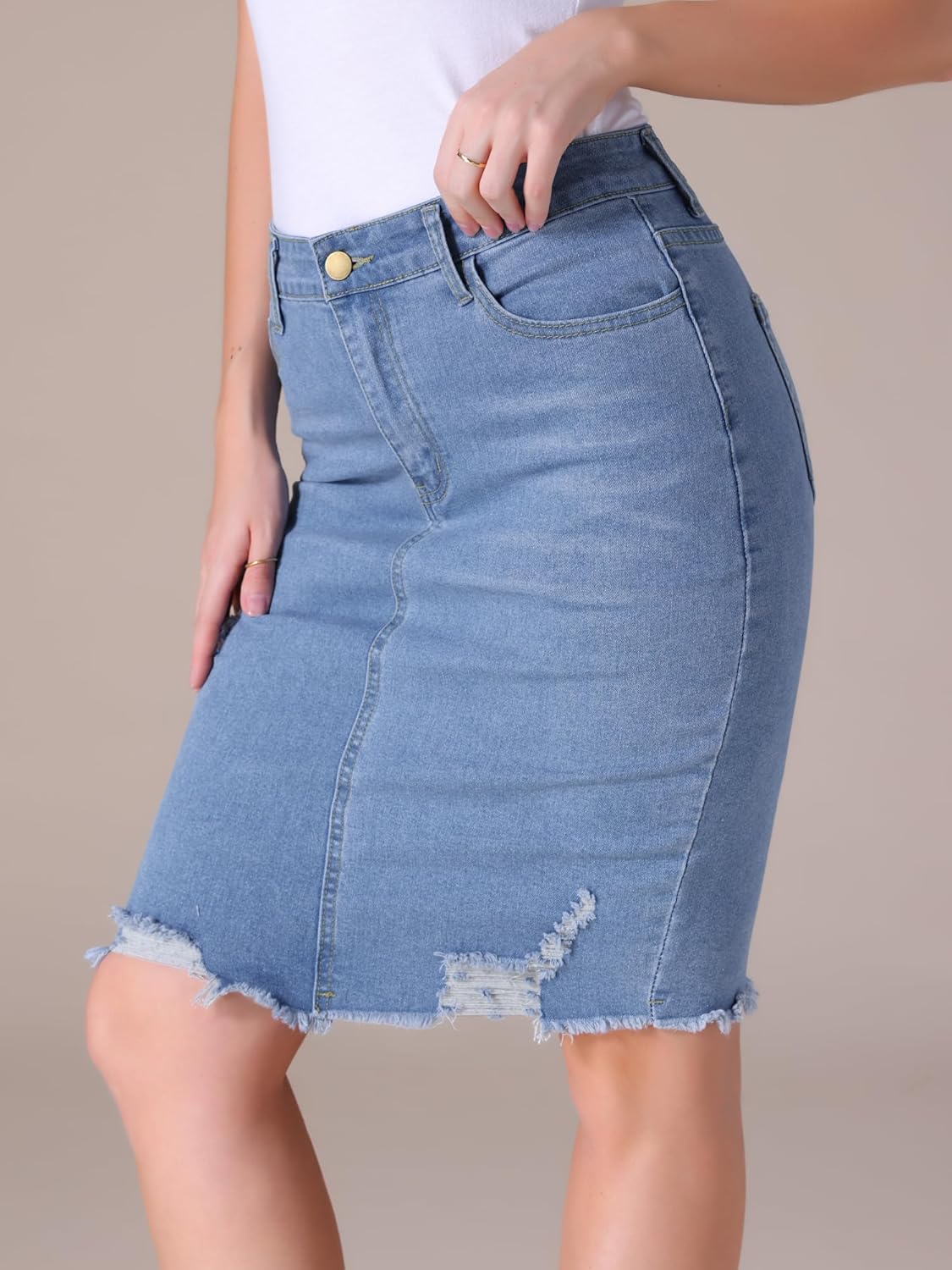 Women's Denim Skirt Stretchy High Waisted Raw Hem Knee Length Jean Pencil Skirts - Image 2