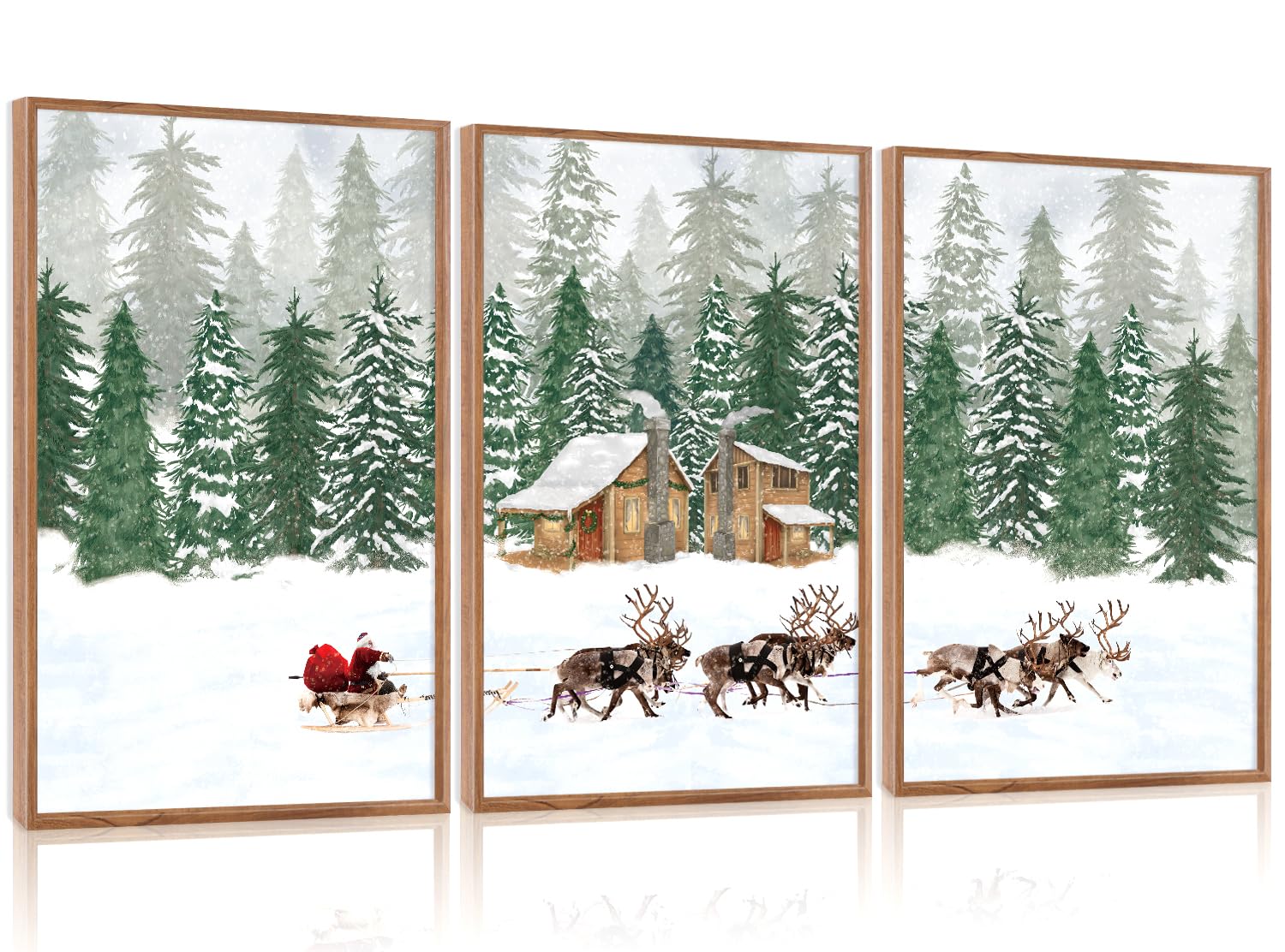 CHDITB Santa Claus Reindeer Sleigh Framed Canvas Wall Art(16"x24"), 3 Panels Christmas Winter Holiday Artwork Prints, Large Rustic Xmas Gift Snow Scene Forest Landscape Decor for Home Office Bedroom