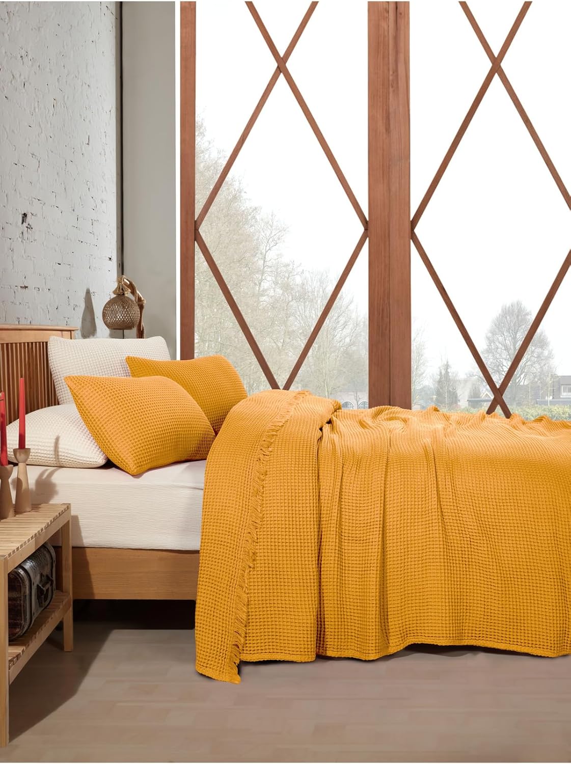 Waffle Weave Bedspread 100% Cotton Queen/King Size Lightweight Breathable Texture Solid Color Bed Coverlet Mustard for Seasons - Mustard, One Size