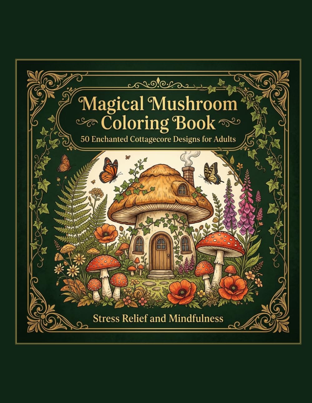 Magical Mushroom Coloring Book: 50 Whimsical Cottagecore Designs for Adults & Teens | Stress Relief & Relaxation | Enchanted Forest Nature Art
