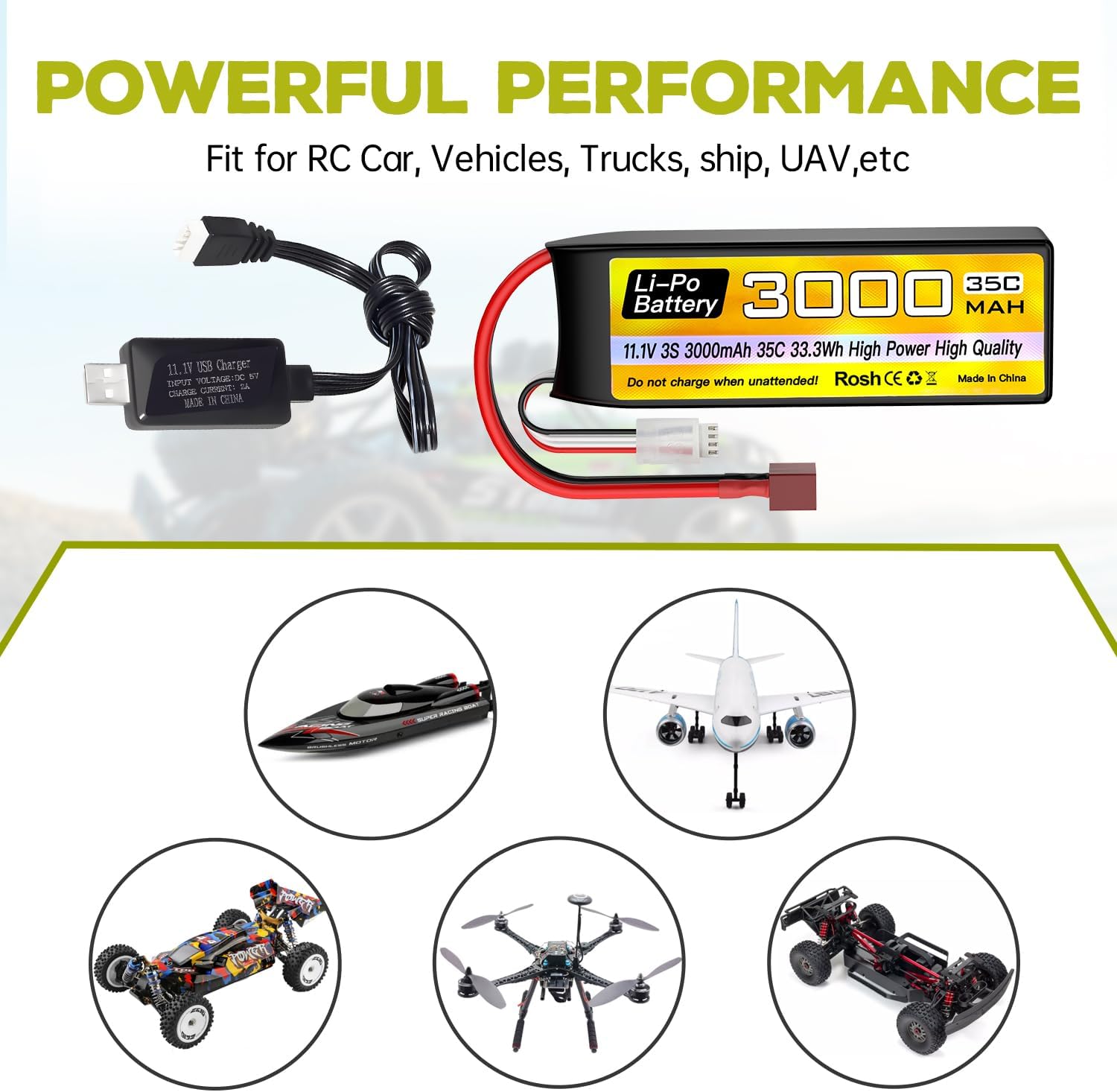 sea jump 3S Lipo Battery 11.1V 3000mAh 35C with T Plug and USB Charging Cable Suitable for RC Car, Truck, Remote Control Boat, RC Quadcopter Aircraft, FPV Drone Battery