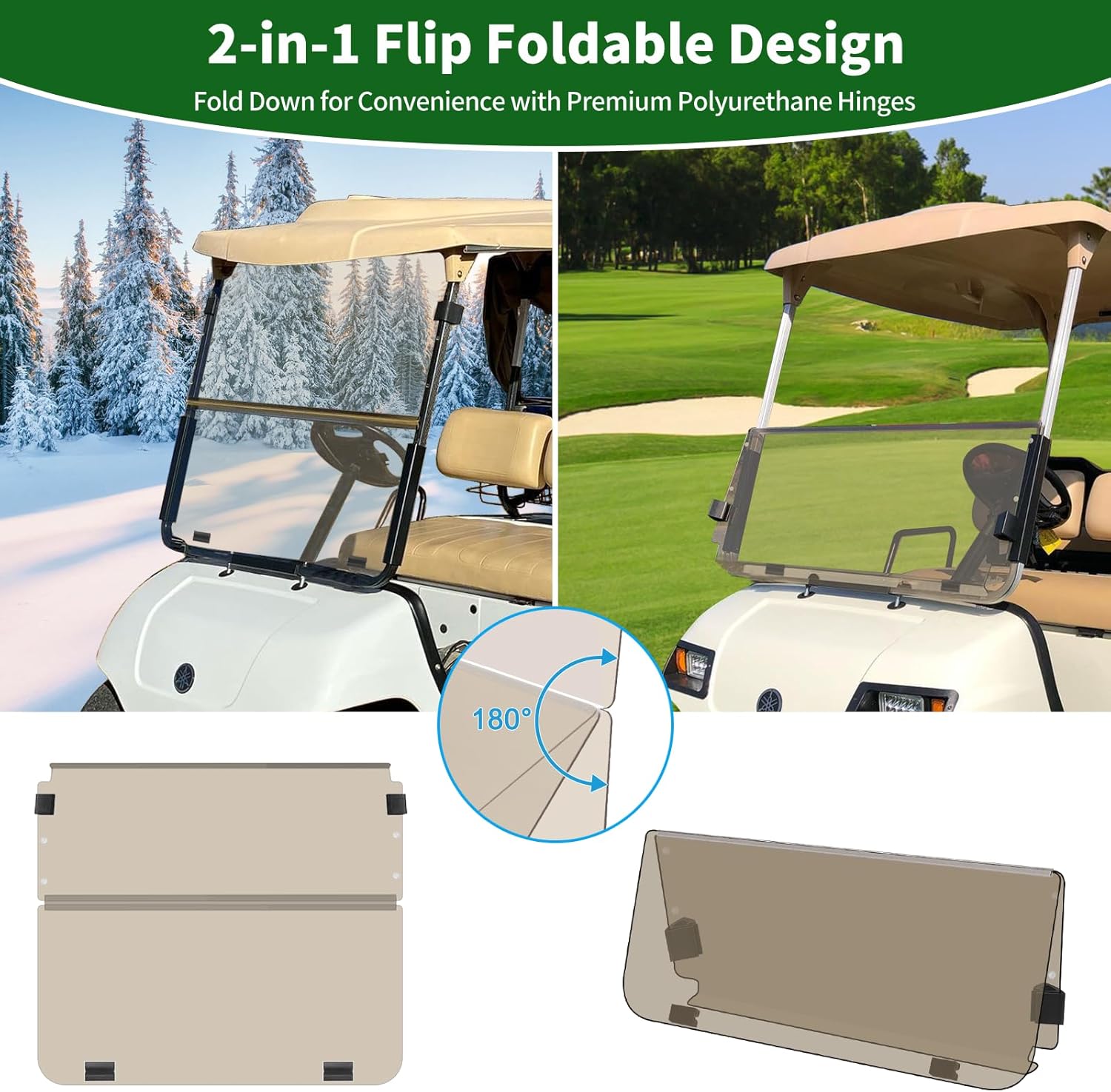 Golf Cart Foldable Windshield 3/16" (5MM) Thicken Only Fits 2003-2006 Yamaha G22, Fits 1"×1" Strut Rail Front Folding Acrylic Windshield Replacement, Included Mounting Hardware - Tinted