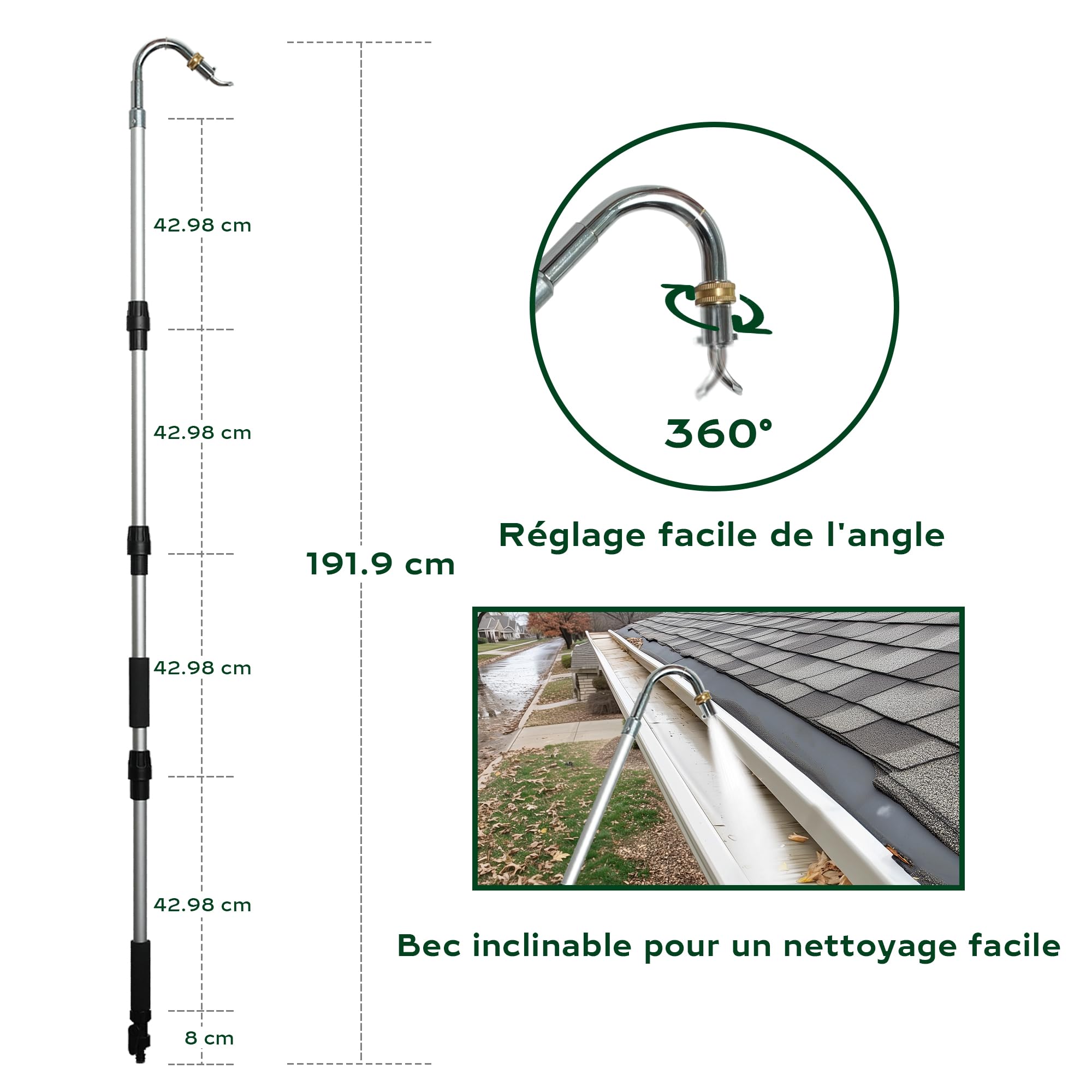 Diivoo Nettoyeur de Gouttières, Accessoire Pour Nettoyeur Haute Pression, Perche Nettoyage Toiture Avec Tige Courbée en Aluminium et Tête Pivotante en Iaiton, Pour Nettoyer les Gouttières de Toit