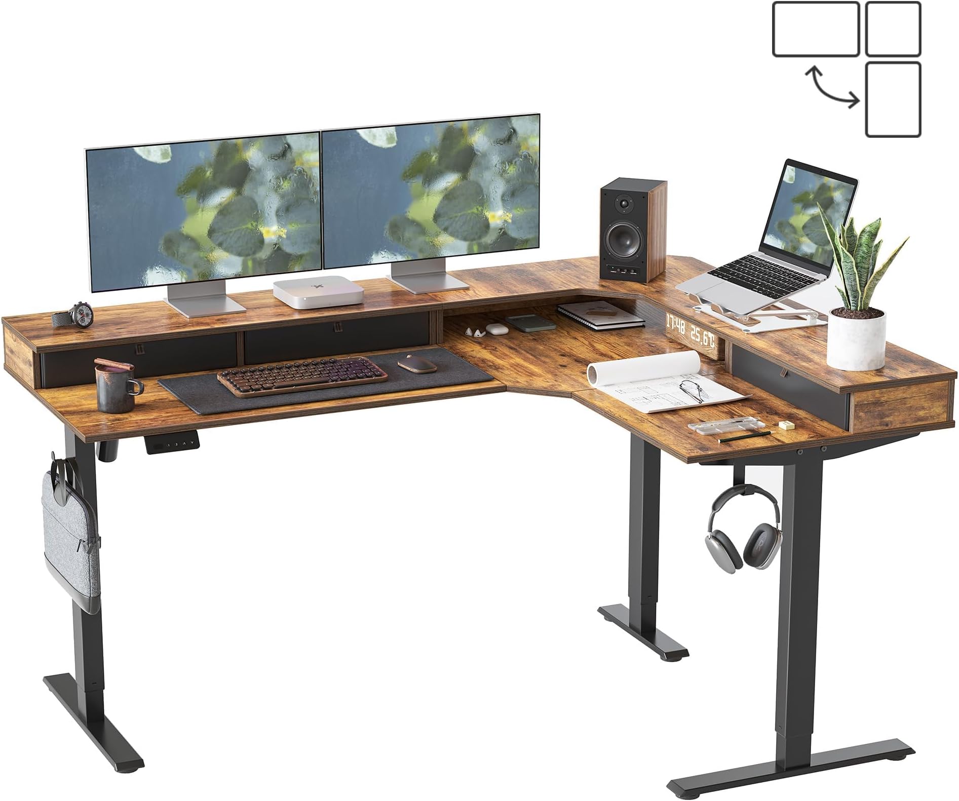 CubiCubi 63x48 Inches L Shaped Desk with 3 Drawers, Modern Brown