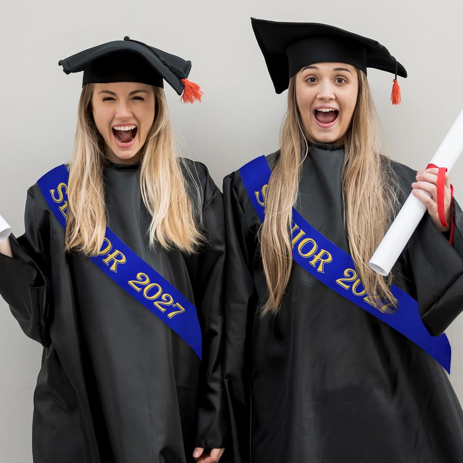 7 Pcs Senior 2027 Sashes, Royal Blue Satin with Gold Printing Letters