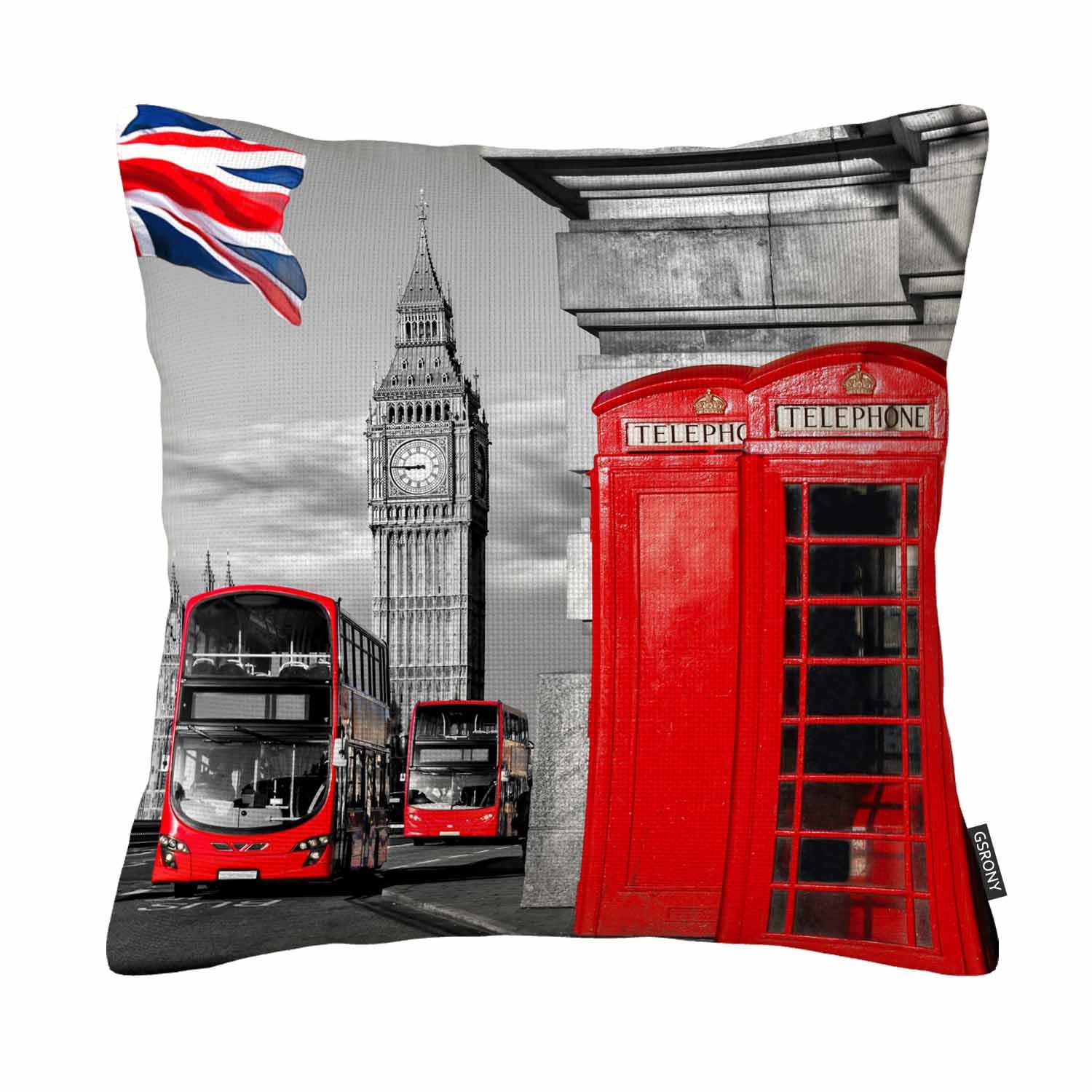 Gsrony White Throw Pillow Covers London Telephone Booth In The Street Cushion Pillow Case Home Decor Pillowcase 18X18 Inches