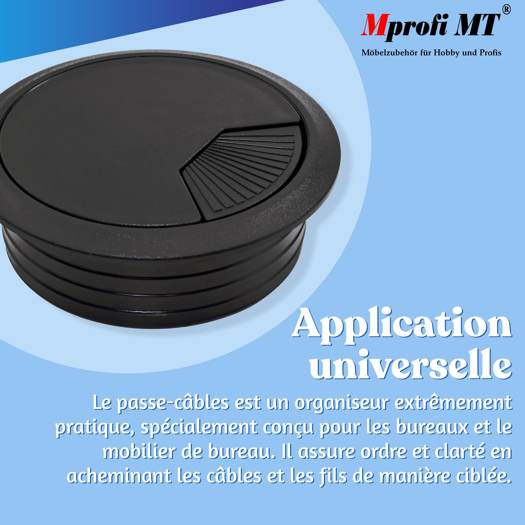 Mprofi MT® 10 Pièces | Passe Cable Bureau Noir Ø 80mm | Passages de Passe Fil Bureau en Plastique | Cable Management PC Gamer | Organisateur de Gestion des Câbles pour la Maison