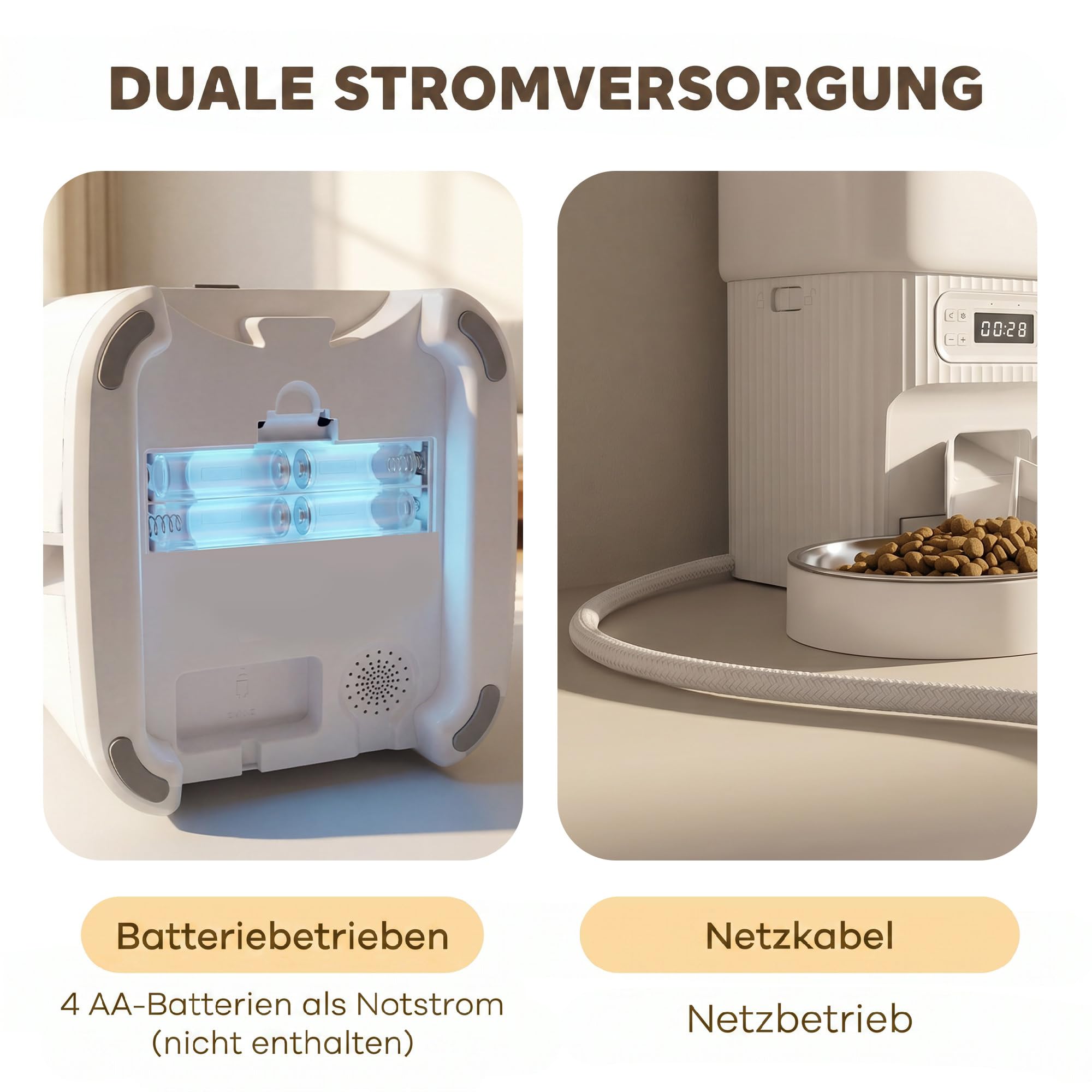 PawHut Mangiatoia automatica per gatti, 4 l, con 2 ciotole in acciaio inox, 1-6 pasti al giorno, design anti-intasamento, display LCD, mangiatoia per gatti e cani
