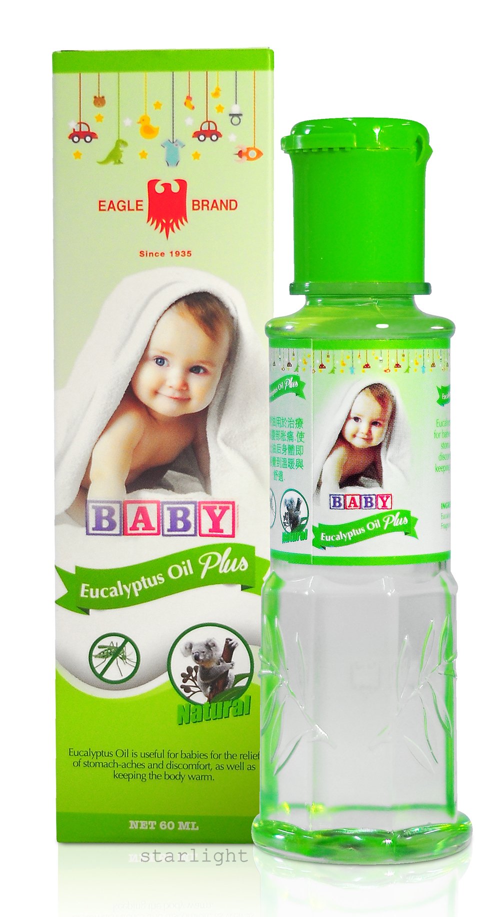 3 Packs - Eagle Brand Baby Eucalyptus Oil Plus 60ml, Made in Singapore, Pain Relief stomachaches Wind Aches Body Warm 鹰标白树油 (婴儿使用) 60毫升 新加坡制造