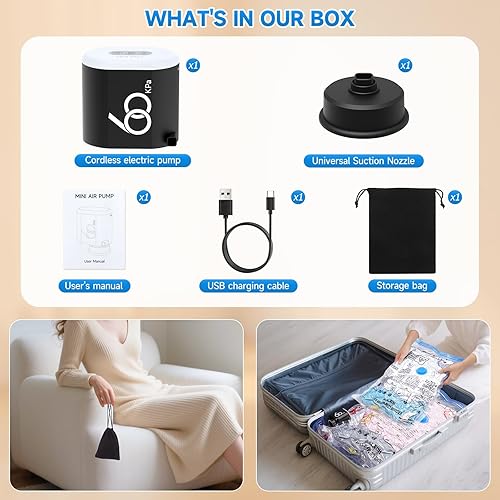 Miniatura 6 de Bomba eléctrica inalámbrica de 60 Kpa para bolsas de almacenamiento al vacío, bomba de aire eléctrica recargable de 3600 mAh para varias bolsas de