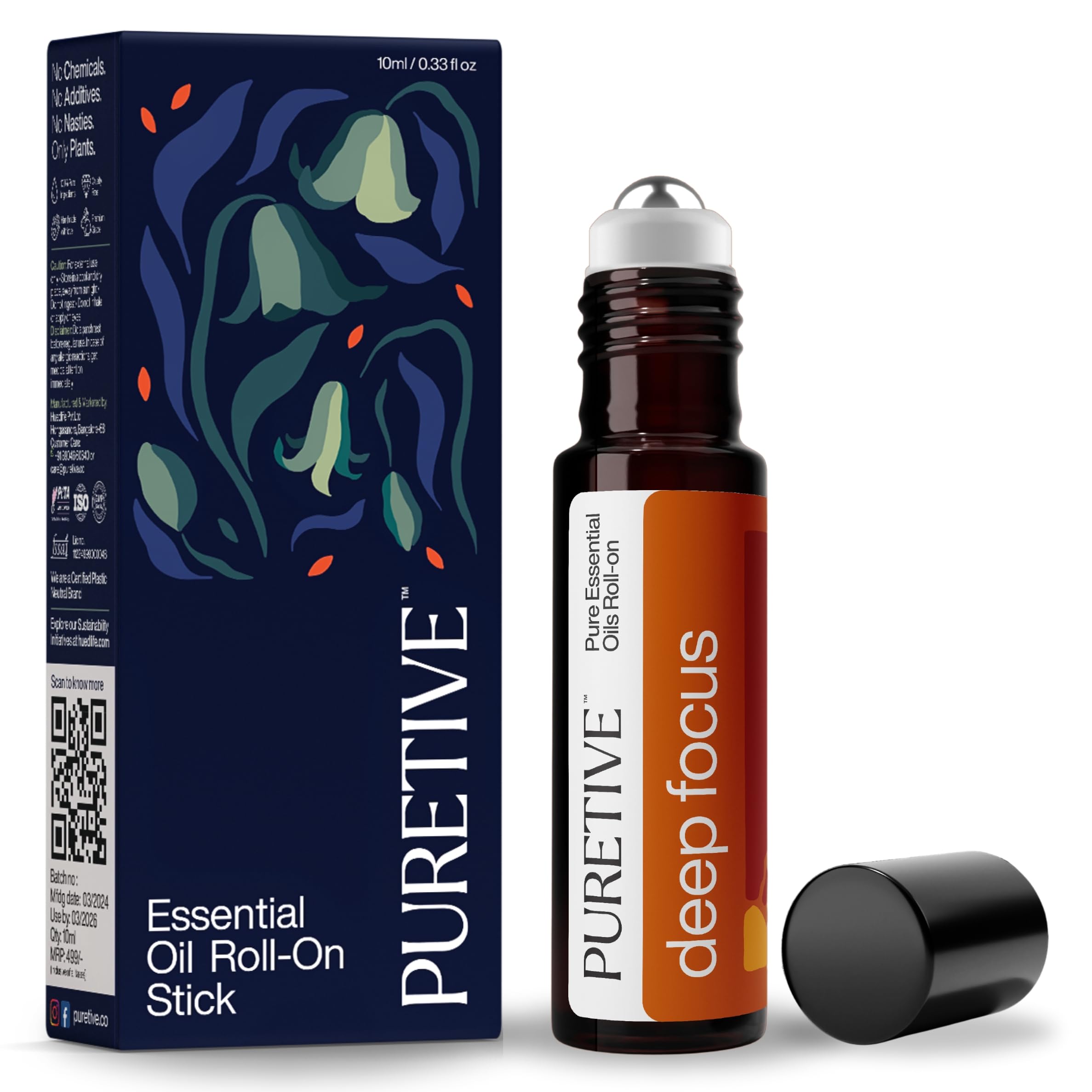 PURETIVE Deep Focus Roll-On | Boost Productivity & Mental Clarity | 100% Pure Essential Oils | Reduces Distractions & Brain Fog | Ideal for Students & Professionals | Daily Energy Booster | 10ml (Pack of 1)