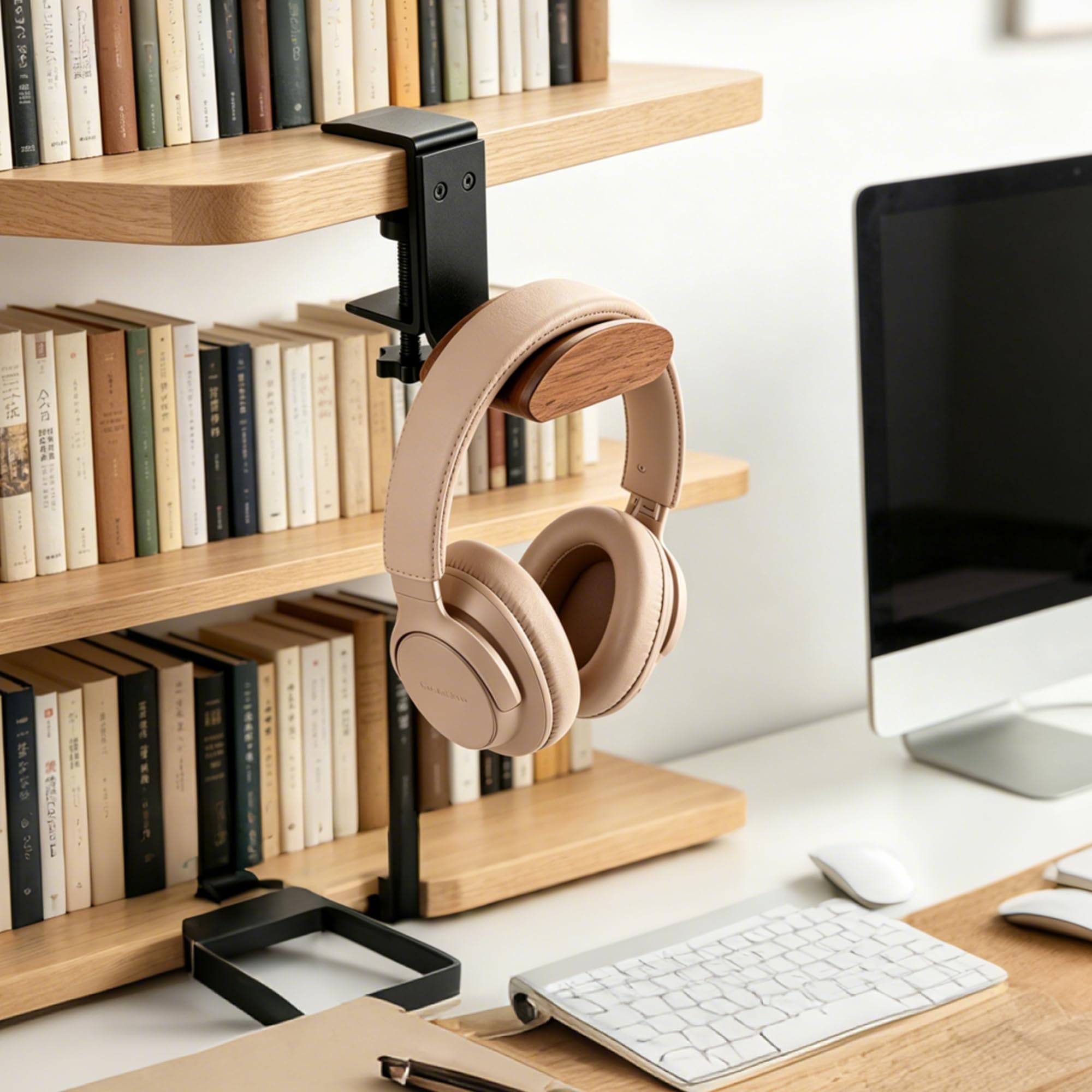 Supporto per casco in legno di noce e metallo massiccio – Supporto per scrivania regolabile per tutte le dimensioni, ideale per l'ufficio
