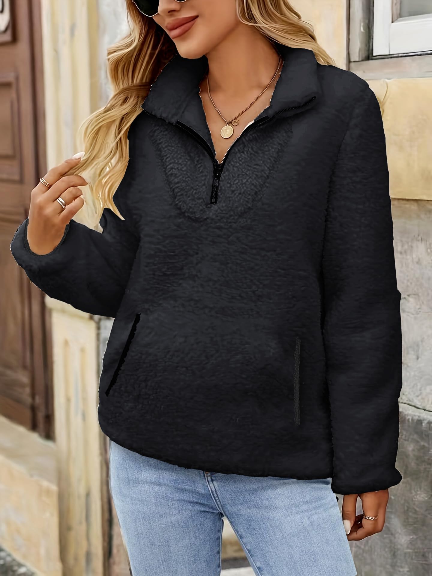 Pull Femme Casual Polaire Zippé Streetwear 1/4 Zippé Polaire Chaud Sweat-Shirt avec Poche Élégant Streetwear Pullover Automne Hiver