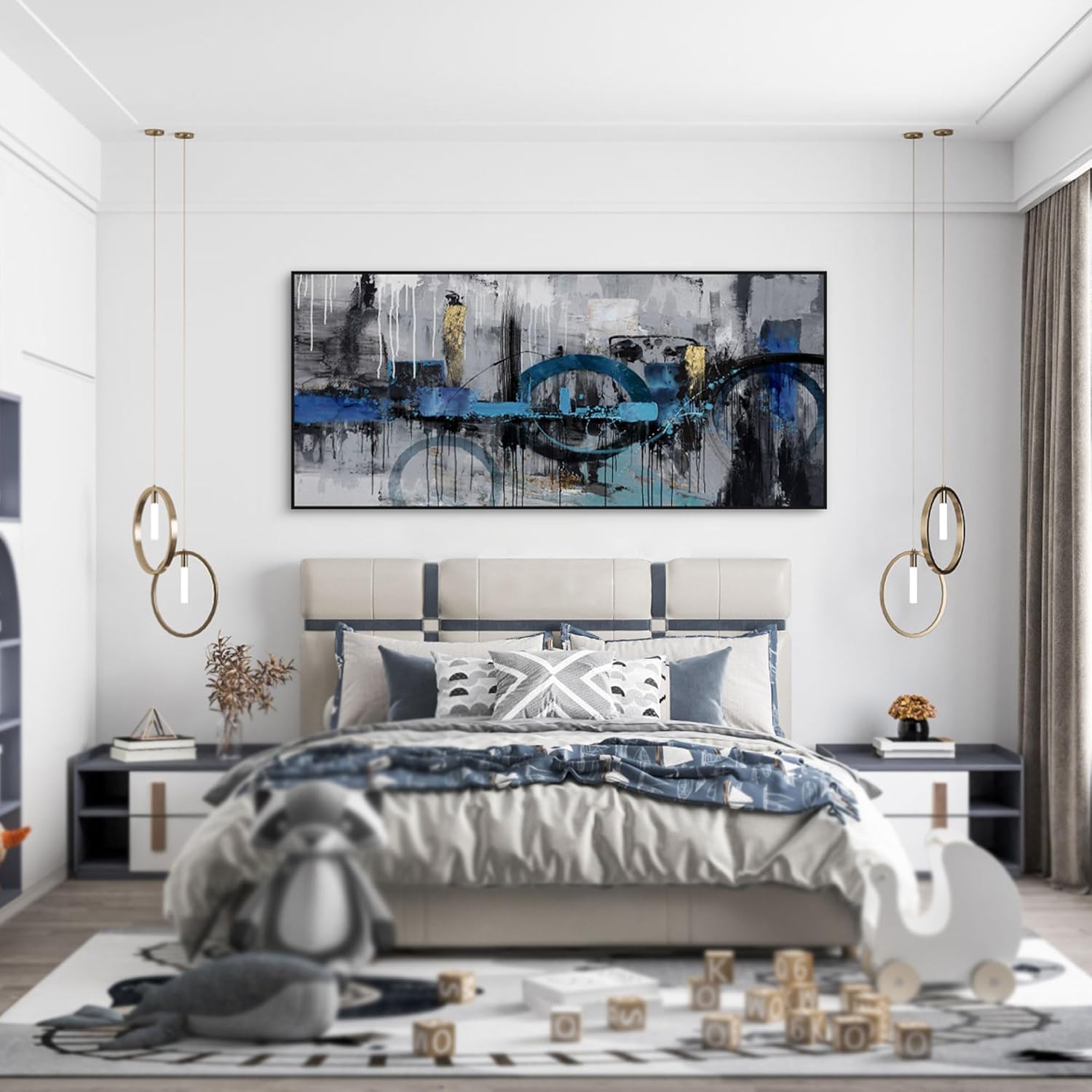 KLAKLA Large Abstract Wall Art Canvas - Blue and Gray Lnk Style Gold City Scenes Wall Decor Living Room Bedroom Decoration Black Frame Picture Artwork for Wall Modern Landscape Wall Decor
