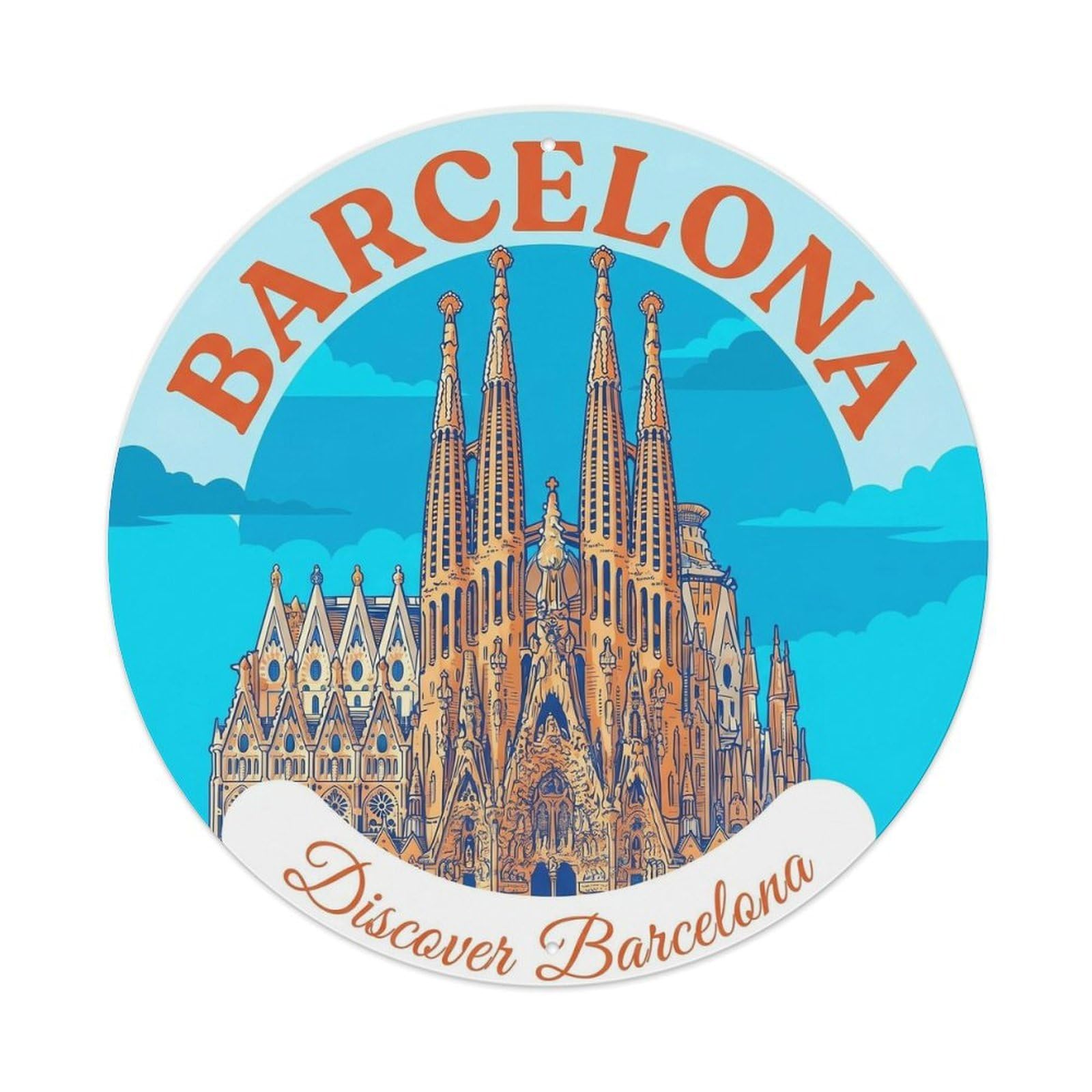 Barcelona Basilica Landmark Vintage Spain Travel Heritage Metal Tin Sign Plaque Wall Decor for Cafe, Man Cave, Club Bar, Office, Home Garden Round Metal Poster 8x8Inch