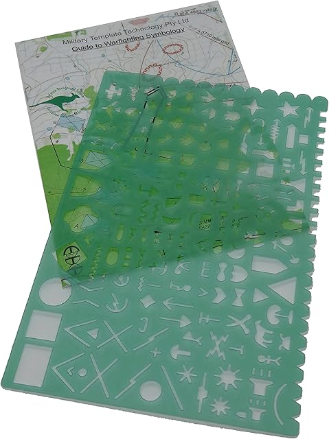 Military warfighting Symbology map Drawing Template and Stencil complies with Drafting Symbols for Military Standard 2525 and NATO requirement's for Military maps with Guide Symbology.
