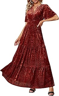 Sponsored Ad - Amegoya Women's Velvet Short Sleeve V Neck Formal Wedding Guest Maxi Dresses Fall Evening Party Long Dresses