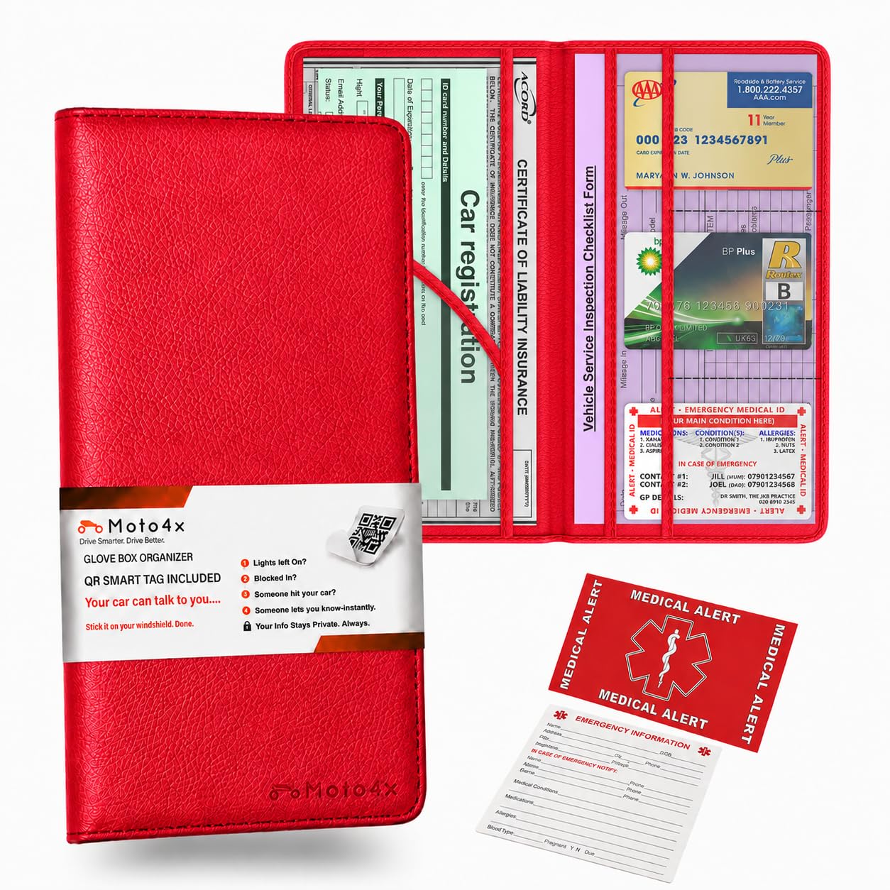 Insurance and Registration Holder, Red Premium PU Leather Glove Box Folder