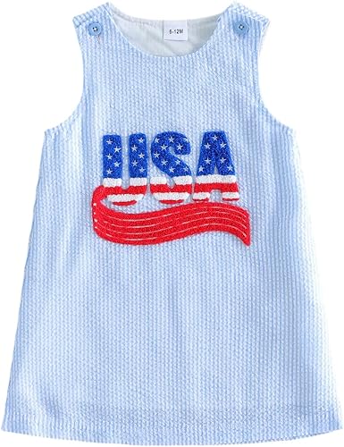 Yuufuniy Toddler Baby Girl 4th of July Outfit Sleeveless Crew Neck Bow USA Embro