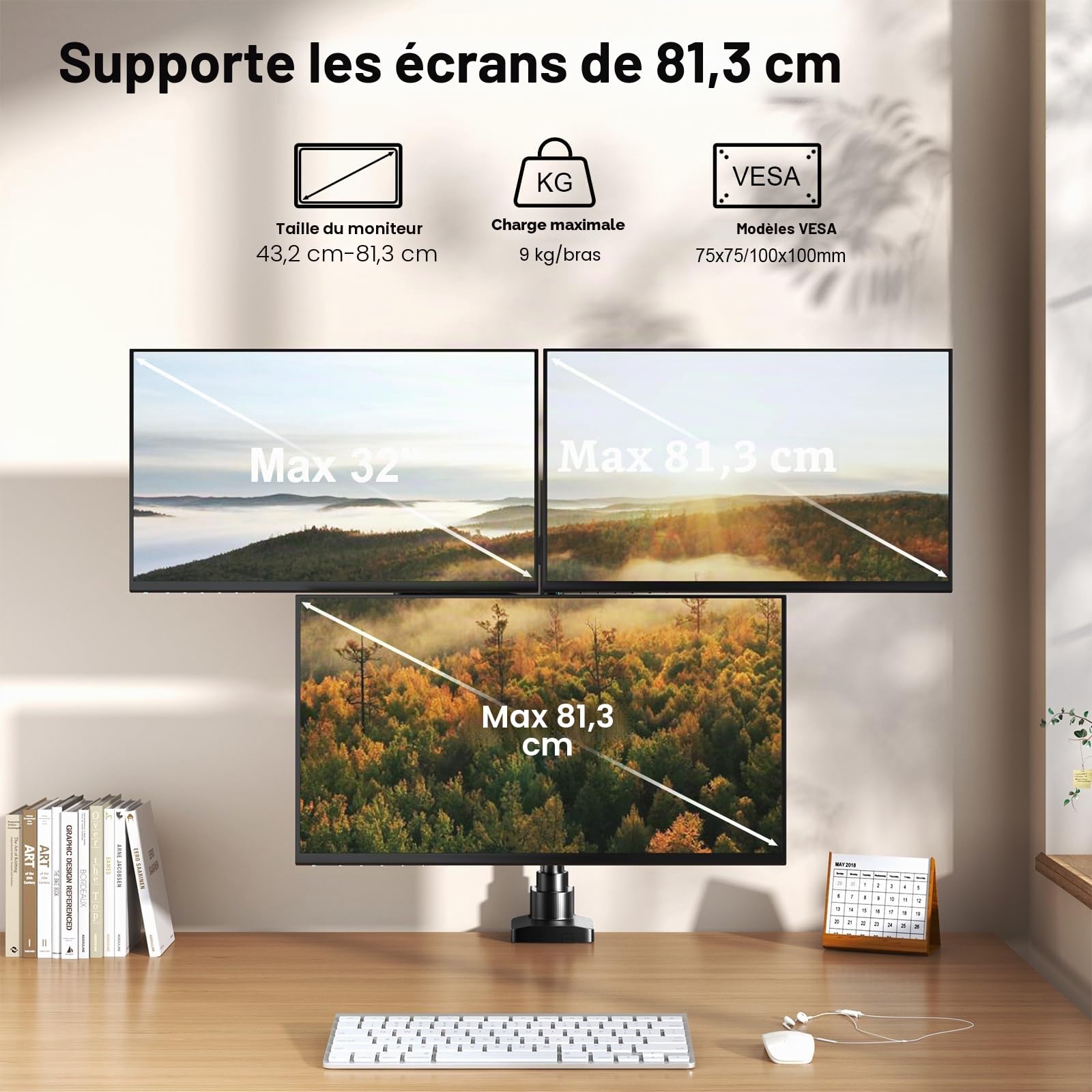 PUTORSEN Support 3 Ecran PC pour Écran de 17 à 32 Pouces, Support Triple Ecran, Capacité de Poids de 9kg par Bras, Support d'écran Pivotant et Inclinable, Support Ecran PC 3 Ecran, VESA 75/100 mm