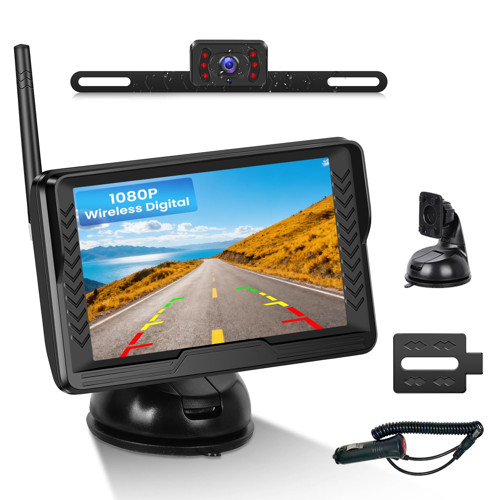 OiLiehu Kabellose AHD Rückfahrkamera Set 1080P Funk-Rückfahrkamera mit 4,3" Monitor IP68 Wasserdicht Infrarot-Nachtsicht Digitales Signal-Backup-System DC 12V