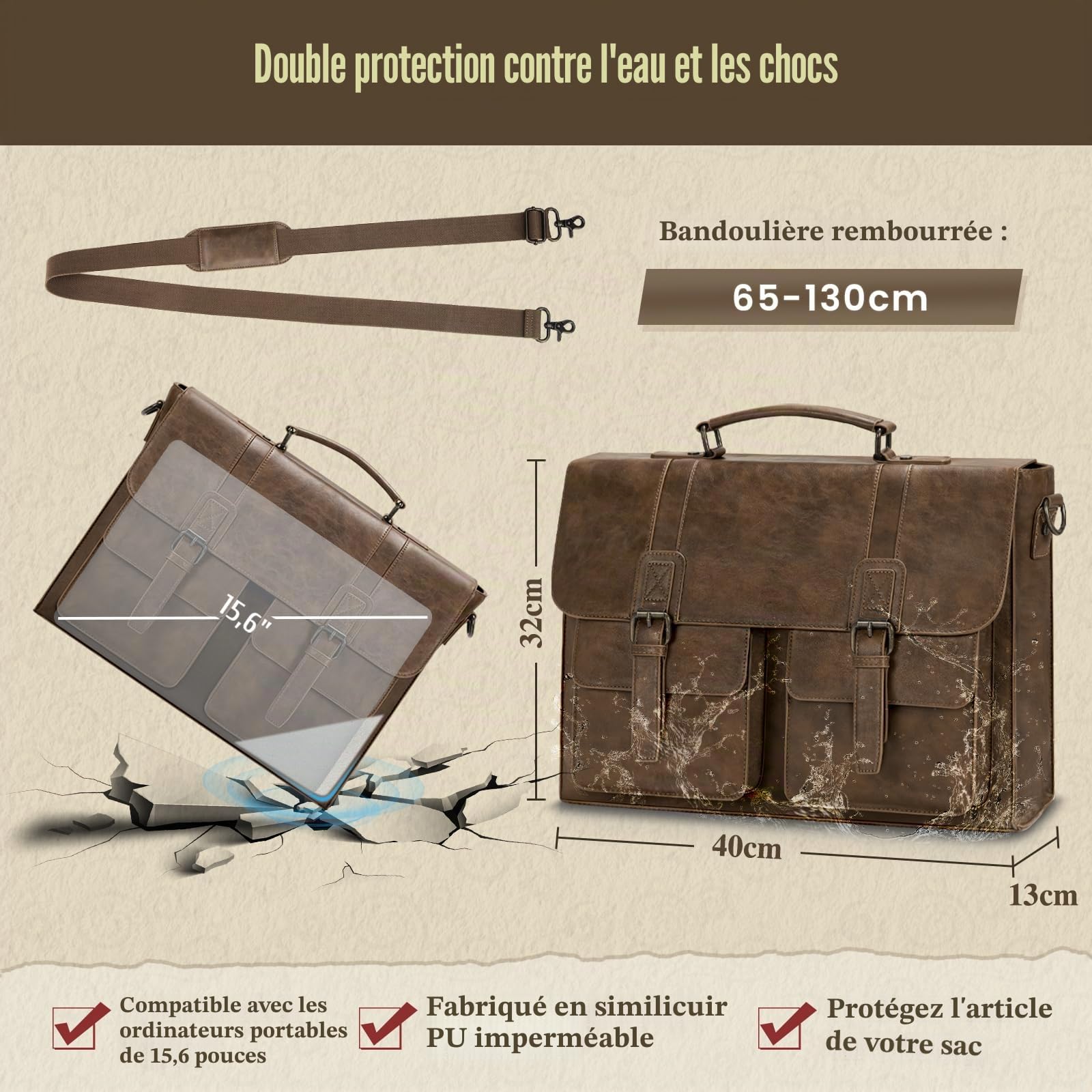 RAINSMORE Sacoche Ordinateur 15.6 Pouces PU Cuir Sac Ordinateur Homme Porte Document Sac Bandoulière Imperméable pour Travail Affaires BrunFoncé