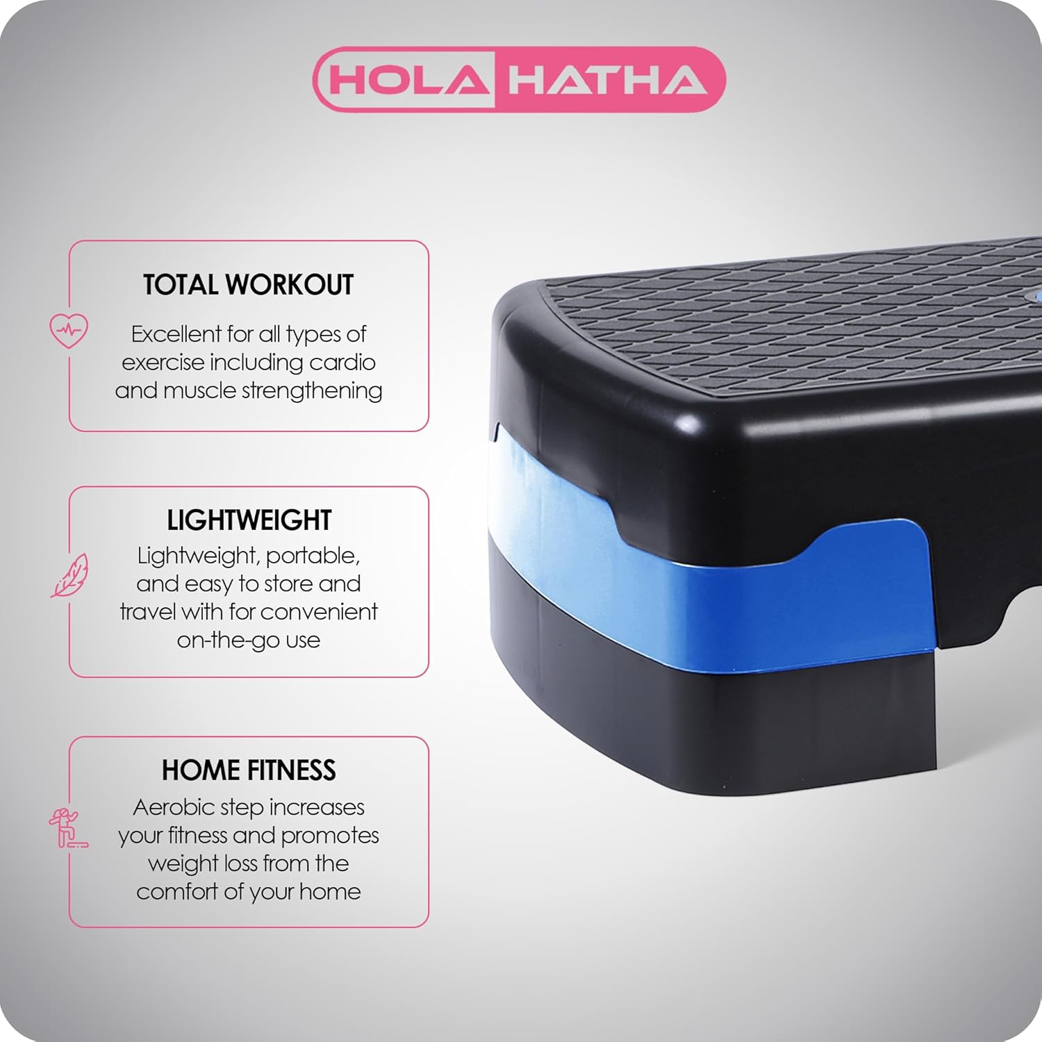 HolaHatha Compact Portable Aerobic Step Platform Exercise Fitness Equipment, Cardio Stepper with Adjustable Height for Home Gym