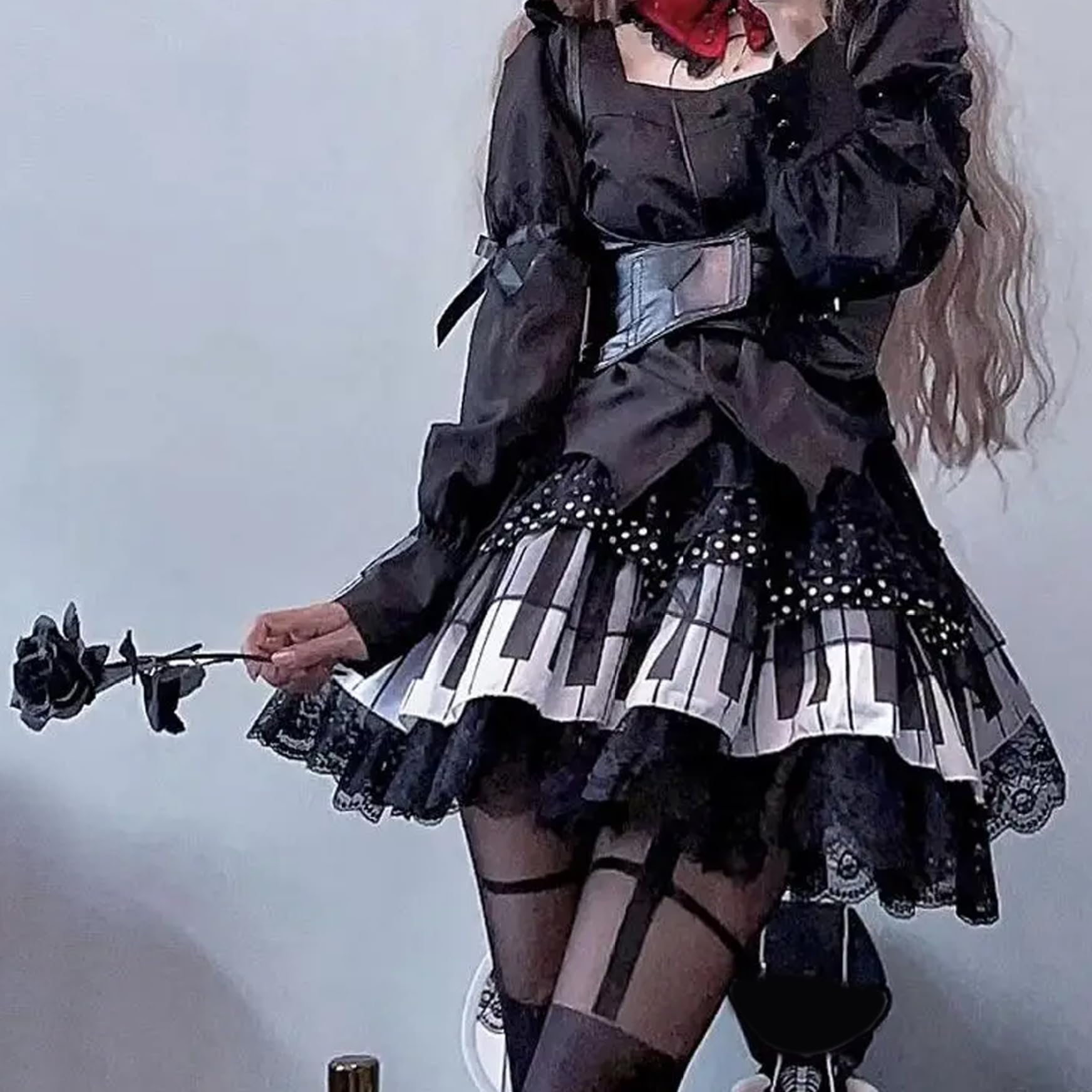 Klavierrock trendy Klavierschlüssel Plissierte süße Spitzenröcke mit elastischer Taille für Frauen Teenager Mädchen, Schwarz und Weiß