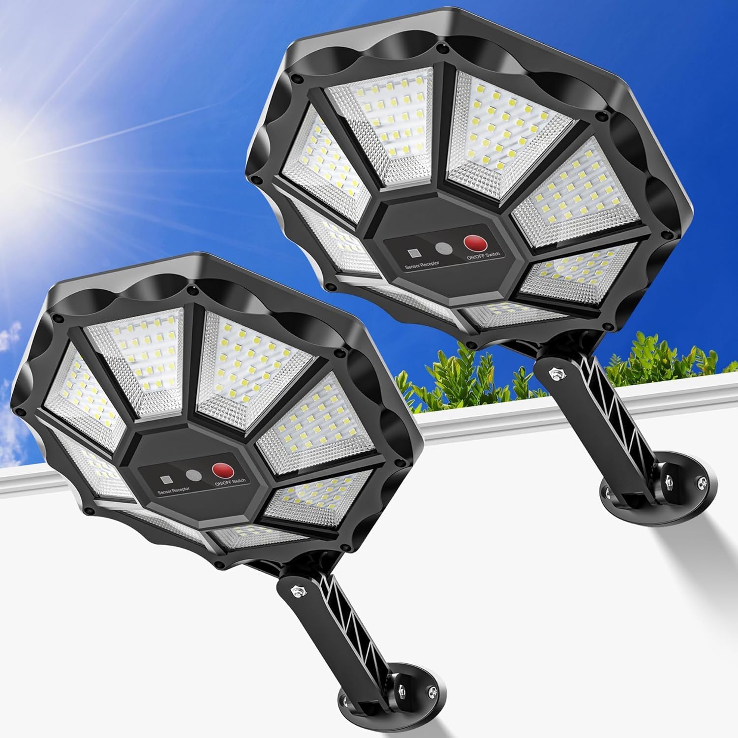 Solar Lights Outdoor with Motion Sensor (2 Pack) 168LED 360°