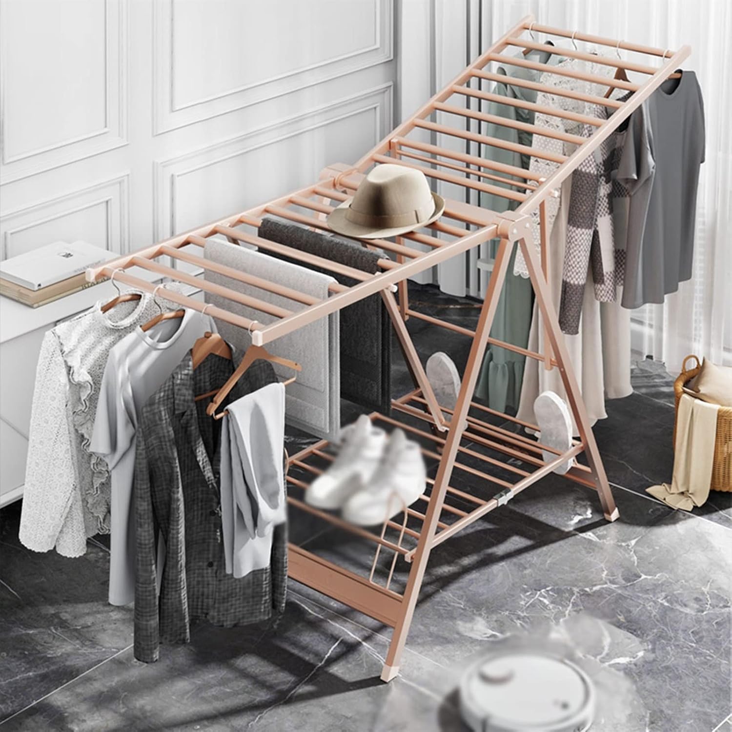 Collapsible Clothes Drying Rack Foldable Floor Indoor and Outdoor Household Aluminum Alloy Can Dry Quilt Laundry,