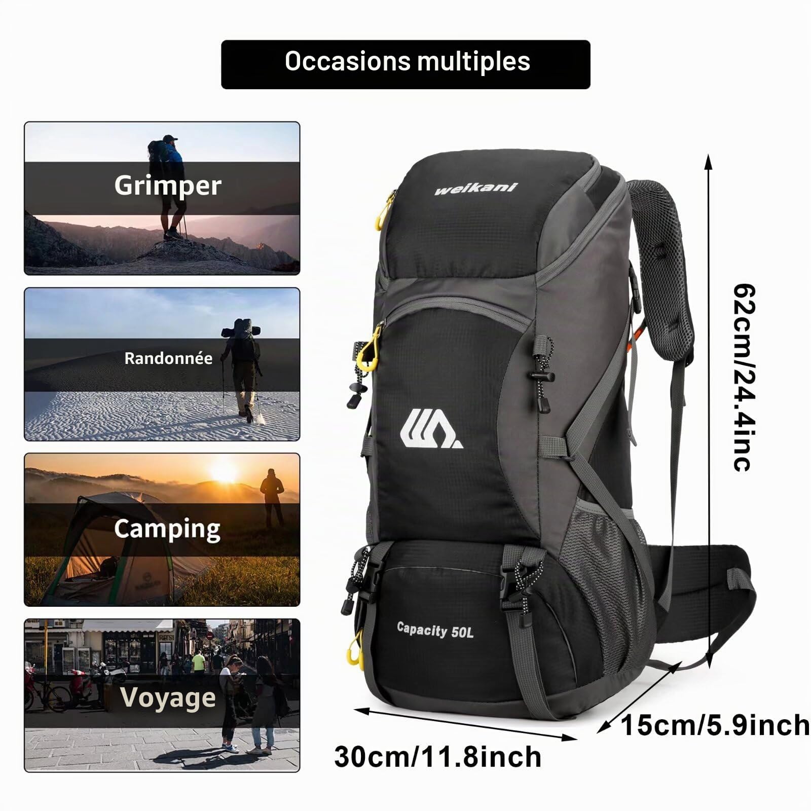 Sac à dos de randonnée imperméable de 50 L pour homme et femme - Grand sac à dos pour escalade, voyage, randonnée, ski, trekking, sport de plein air