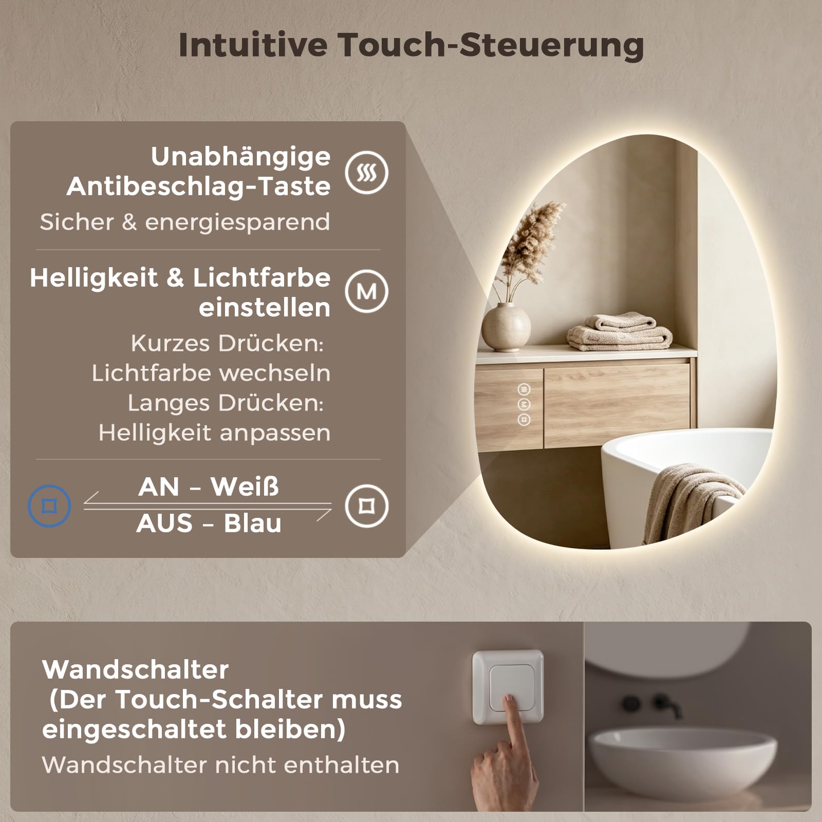 S'AFIELINA badspiegel asymmetrisch mit Beleuchtung 75x55, LED Badezimmerspiegel Dimmbar, Anti-Beschlag, 3 Lichtfarben, Organischer Wandspiegel für Bad Flur Gäste-WC, IP44, Memory, Horizontal/Vertikal