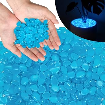 PoYang 500pcs Glow in The Dark Rocks Outdoor Decor, Blue, 0.6 lbs/Bag | Resin Glowing Pebbles for Landscaping, Garden, Patio, Fish Tank & Aquarium Decor, Sunlight/Lamplight Powered, 0.4"-0.7"/pc