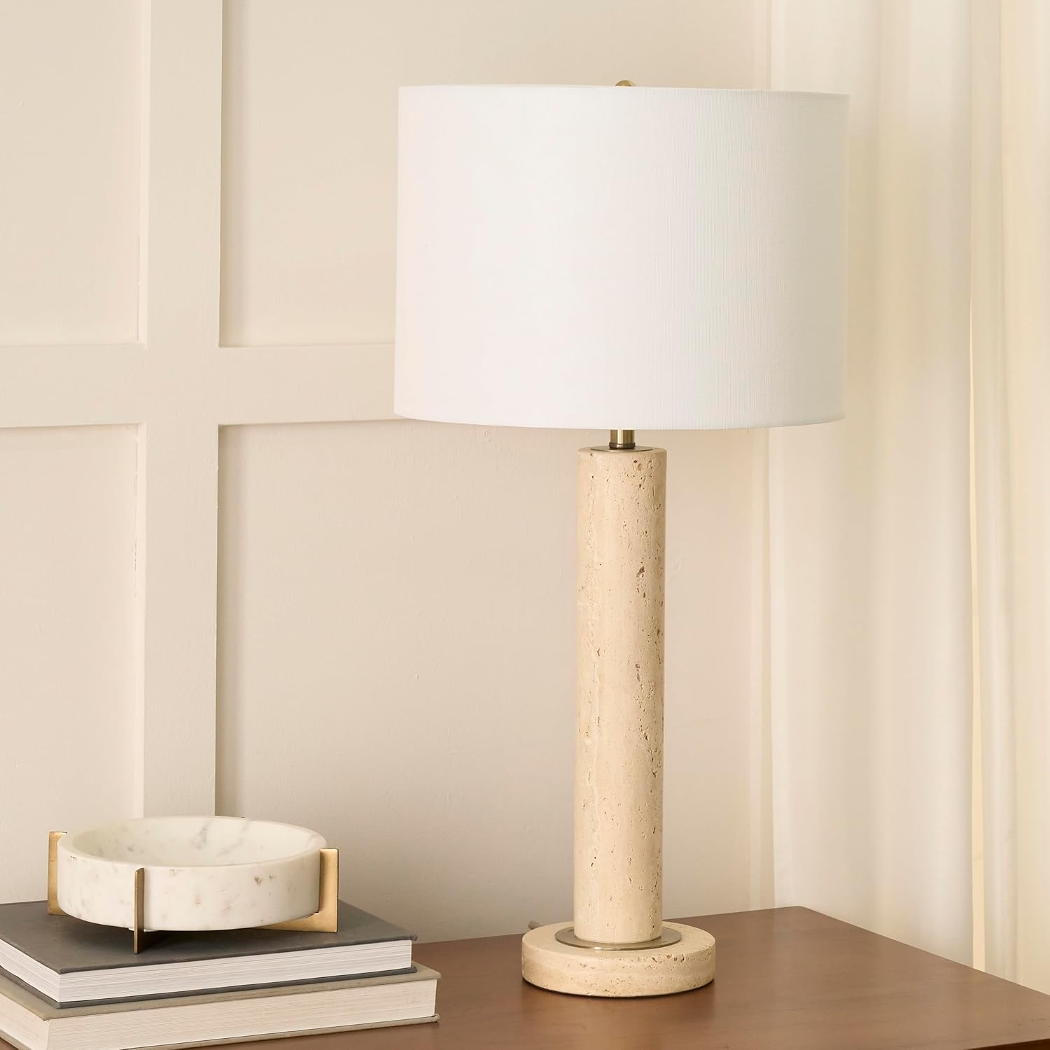 Nourison Home 28" Travertine Stone Pillar Table Lamp for Bedside Table, Living Room, Dining Room, Buffet, Entryway