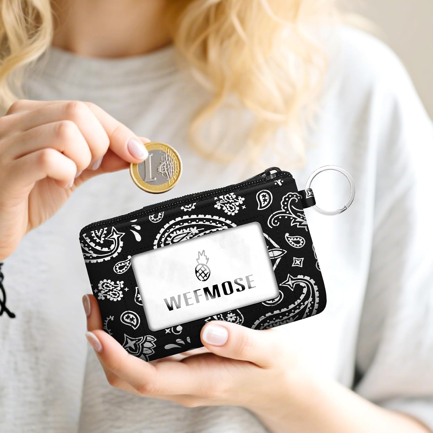 Small Wallet Keychain with Clear ID Window Zipper Cute ID Case Coin Purse for Women Water Resistant Coin Pouch-Paisley-Black Keychain Wallet image 2