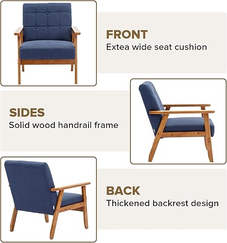 Miniatura 5 de Silla moderna de mediados de siglo con marco de madera, silla decorativa para dormitorio, sala de estar, silla de lectura cómoda de tela de lino,