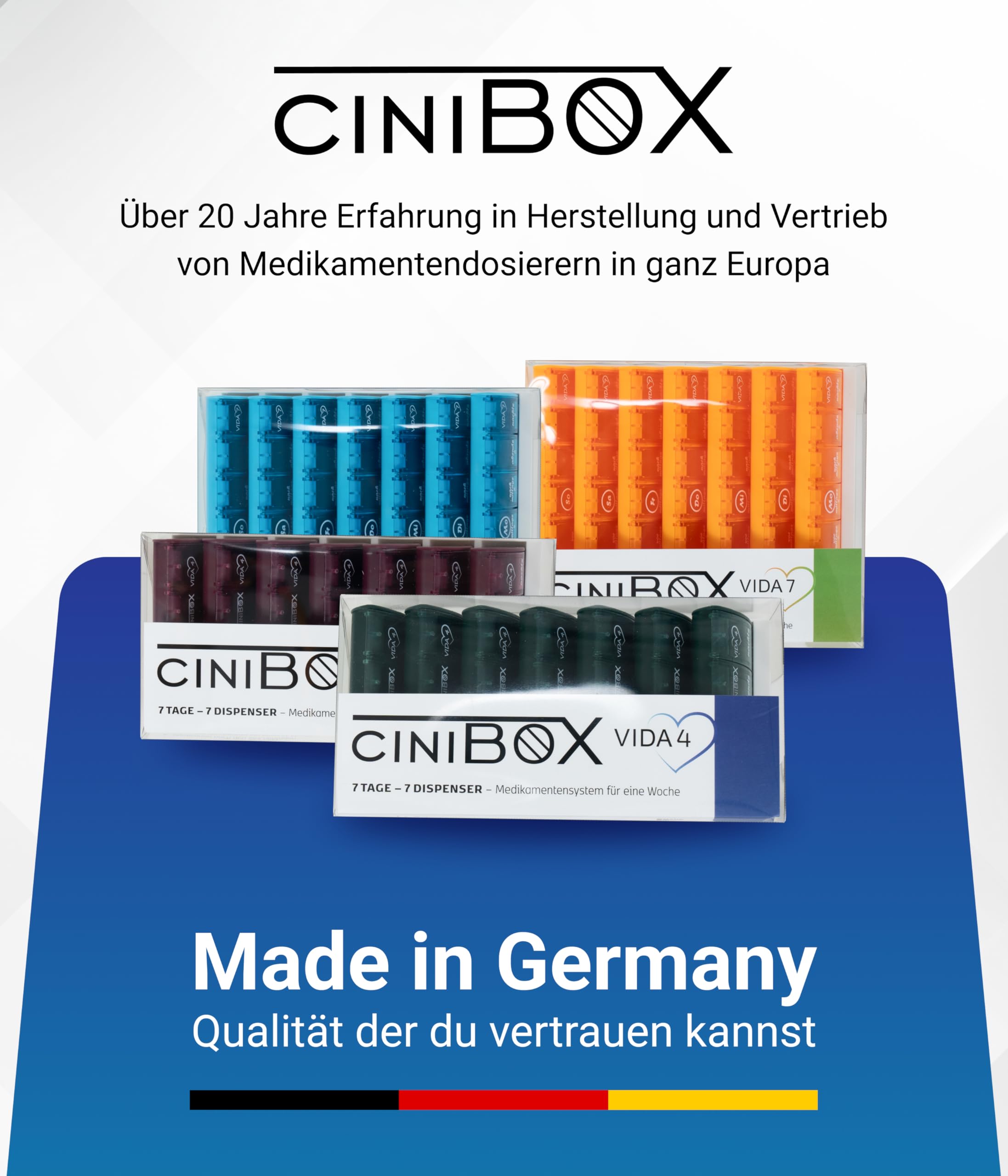 CINIBOX VIDA 7 – Tablettenbox 7 Tage – Helltürkis – Pillendose & Medikamentenbox mit jeweils 7 Fächern – leicht zu öffnen & sicher verschlossen – BPA-frei & lebensmittelecht – Made in DE