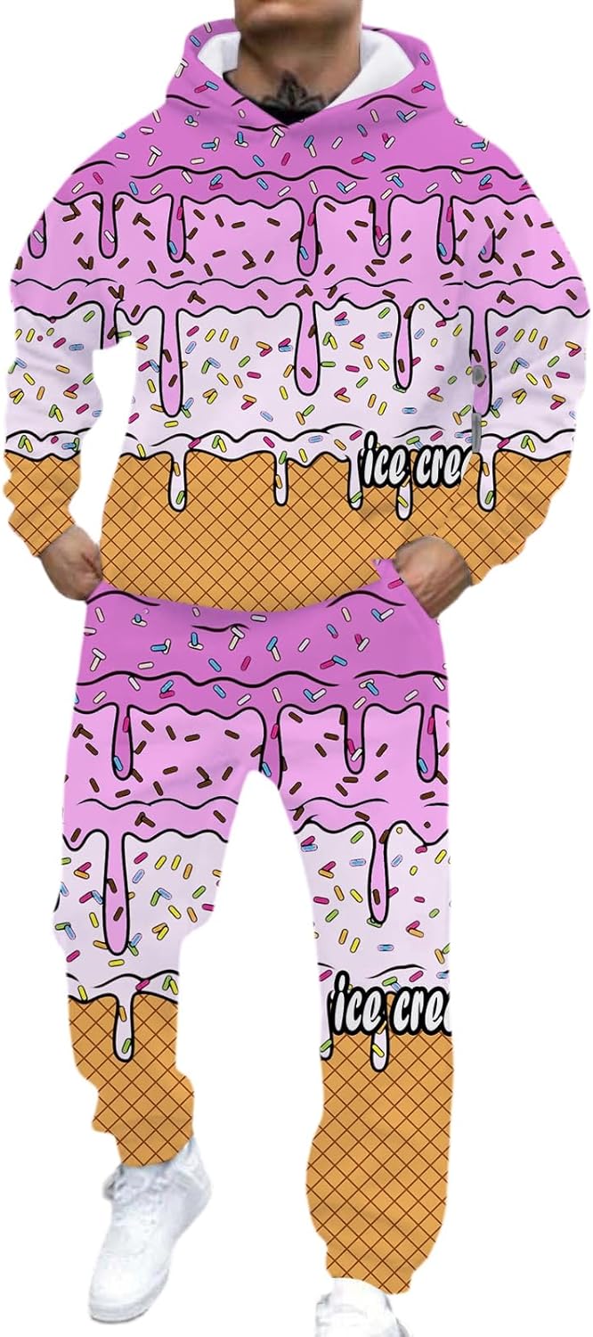 Mens Ice Cream Sweatsuits 2 Piece Outfits Baseball Drip Waffles Hoodie and Sweatpants Winter Tracksuits Christmas Suit