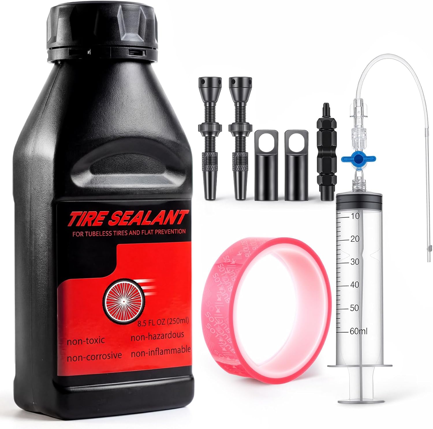Tubeless Tire Sealant 250ml Tubeless Sealant with Rim Tape, Valve Stems and Injector Kit, Complete Conversion Puncture Repair Kit for Road, Gravel, MTB Bikes