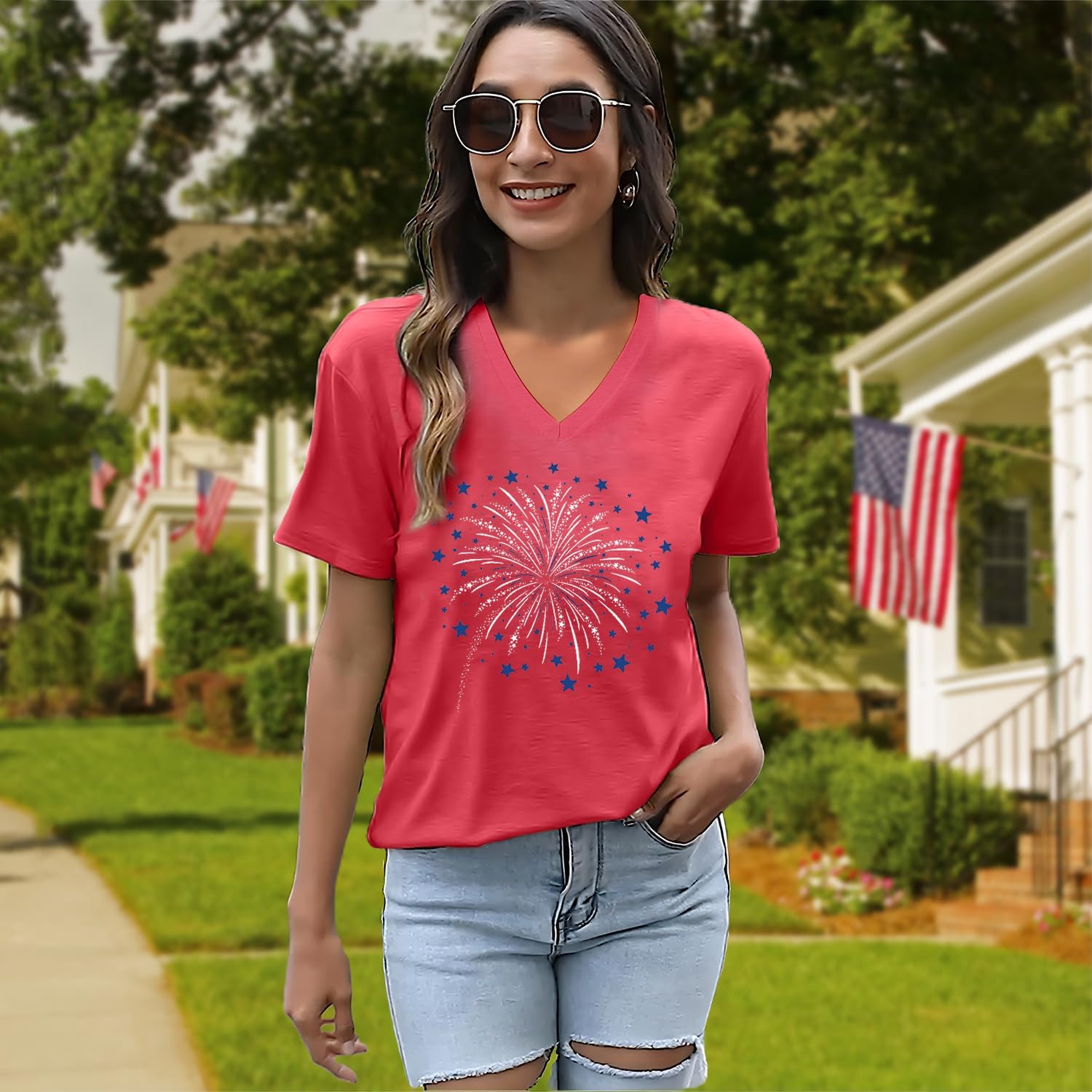 American Flag Shirts Women USA Stars Patriotic Shirt 4th of July T-Shirt V-Neck Short Sleeve Casual Tee Tops - Image 5