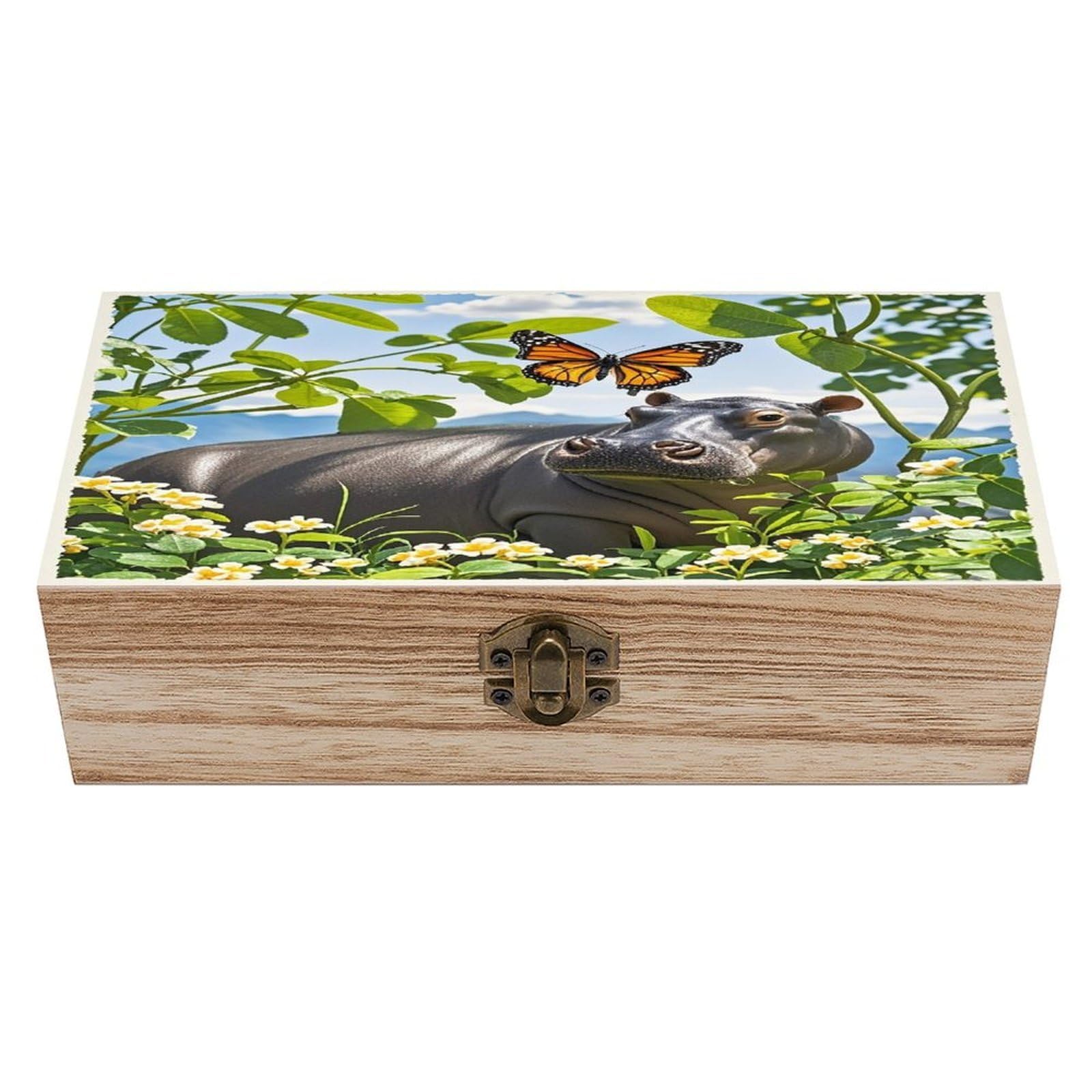asbwuo Butterfly And Hippo Wood Keepsake Box Wooden Box with Hinged Lid