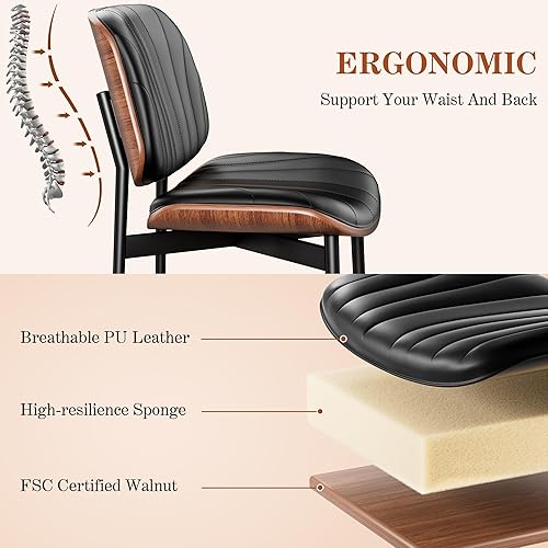 Miniatura 7 de Juego de 2 sillas de comedor, modernas sillas tapizadas de piel sintética de mediados de siglo con respaldo de madera curvada de nogal y patas de