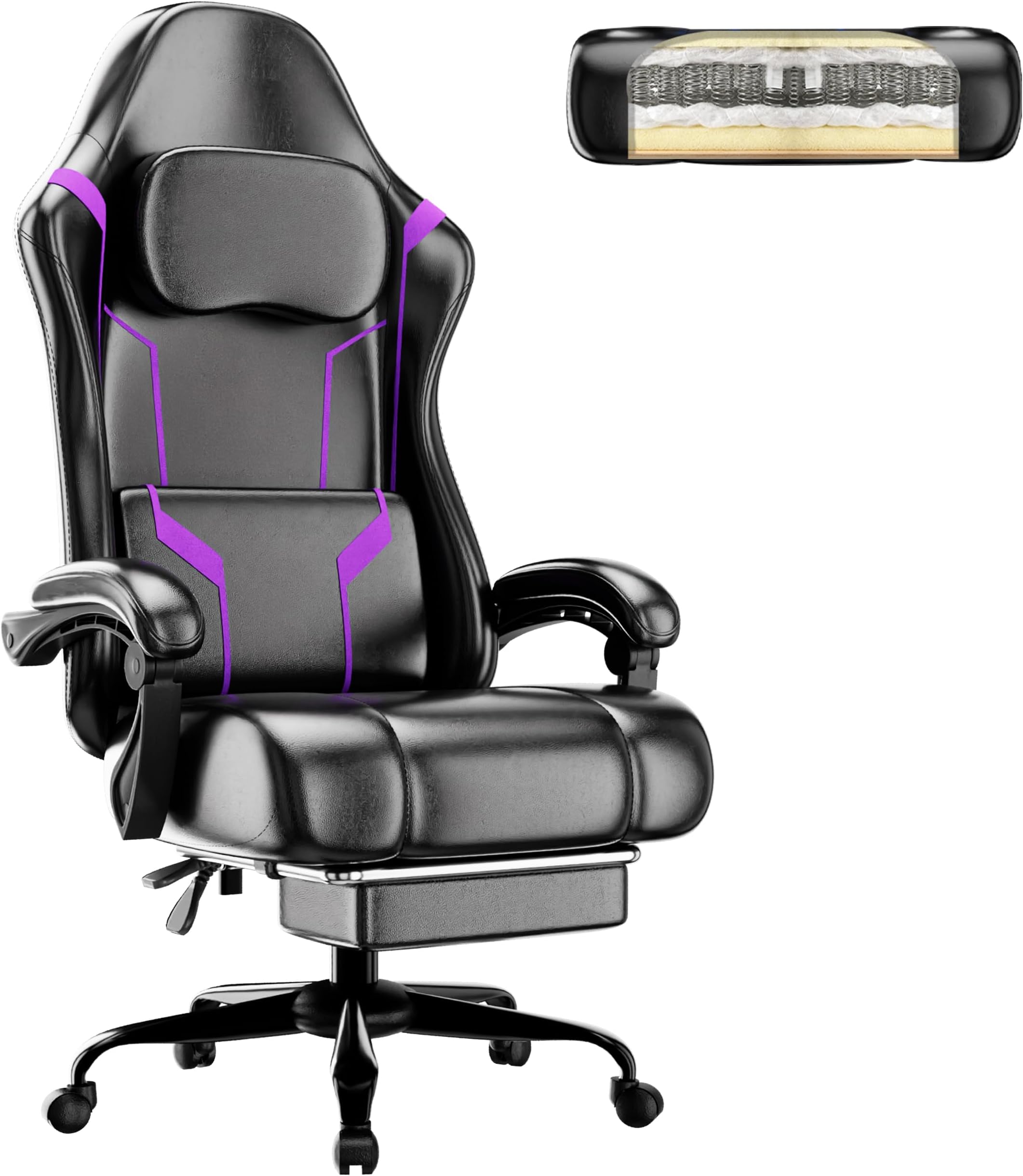 Gaming Chair, Computer Chair with Footrest and Lumbar Support, Ergonomic Video Game Chair with Headrest, Height Adjustable Gamer Chair Office Desk Chair, Purple