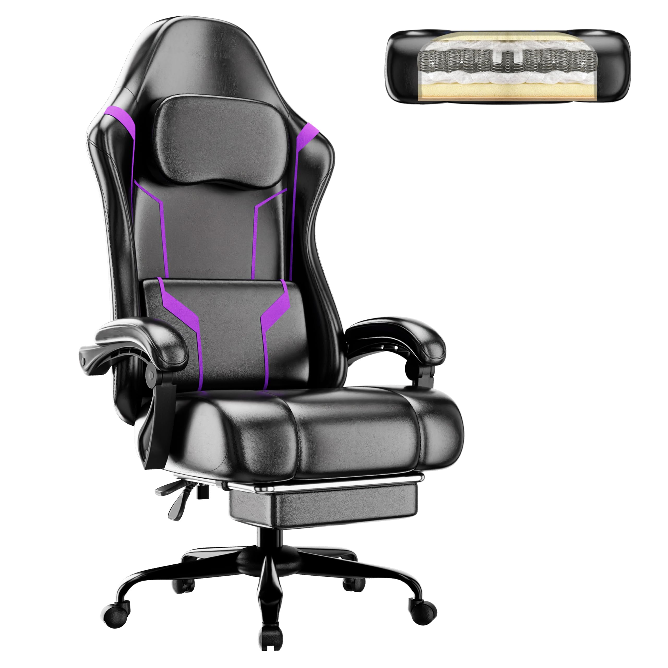 Ergonomic Gaming Chair Video Game Chair with Pocket Spring Cushion and Footrest Height Adjustable Computer Chair with Swivel