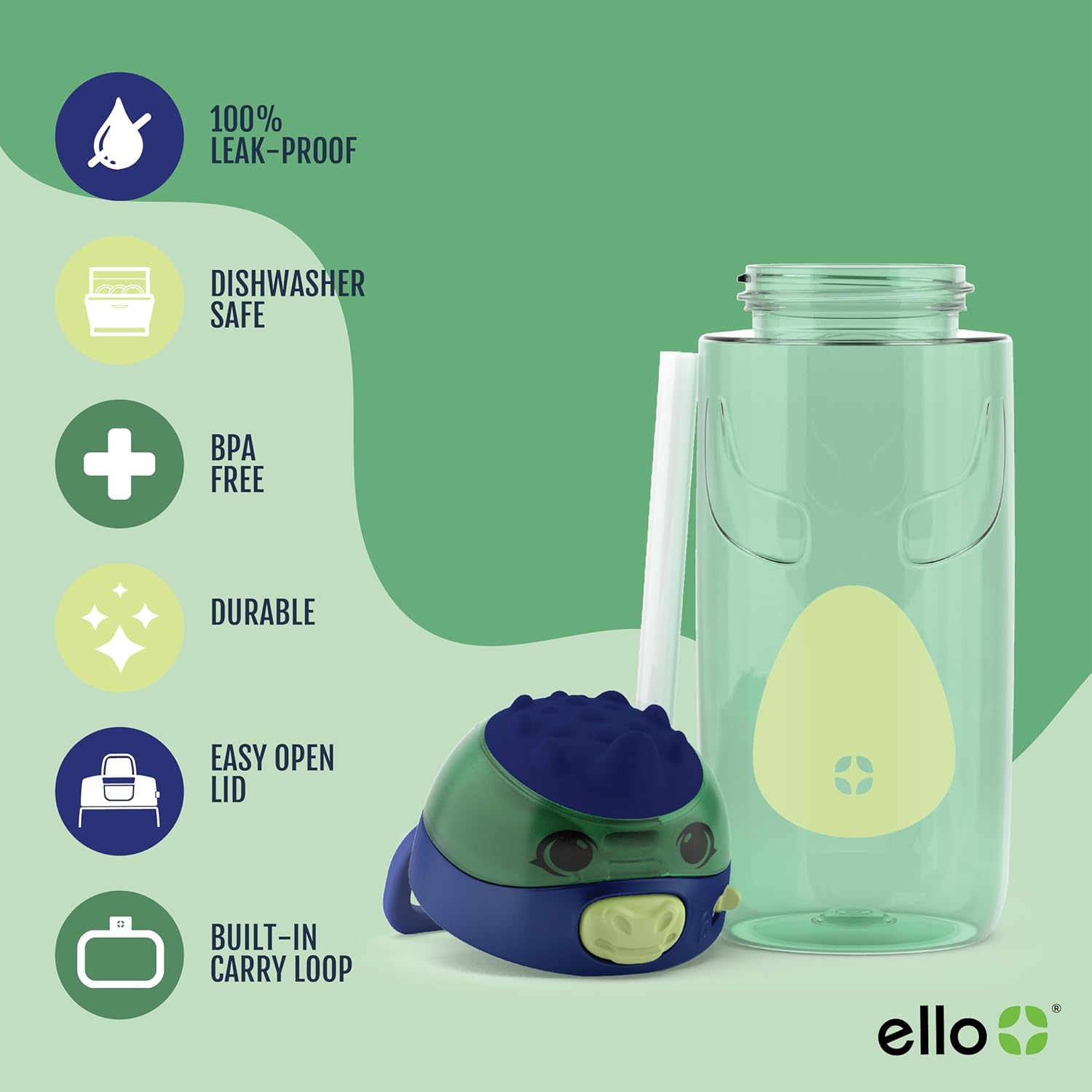 Ello Ellies 16oz Plastic Kids Water Bottle with Straw and Built-in Carrying Handle and Leak-Proof Locking Lid for School backpack, Lunchbox and Outdoor Sports, Dino image 3 of 9 B0D3NHY6K3