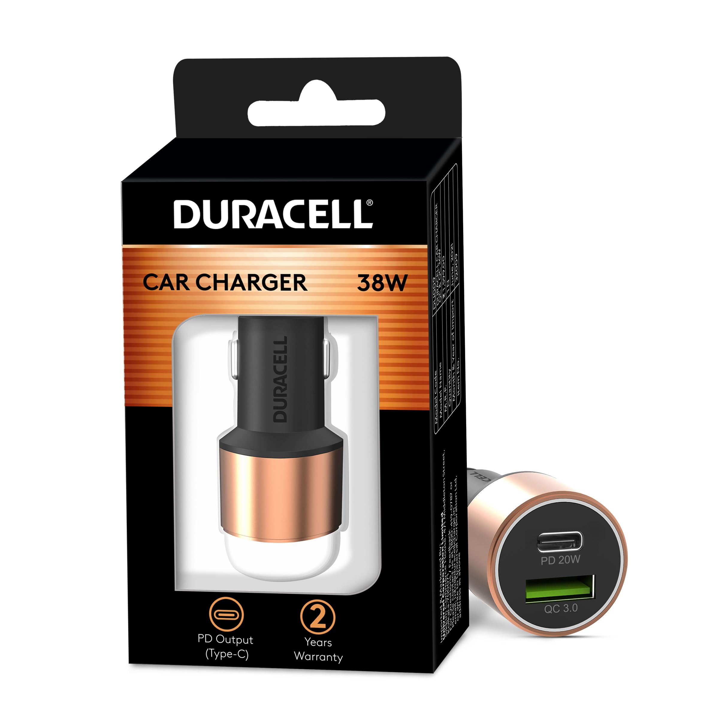 Duracell 38W Fast Car Charger Adapter with Dual Output. Quick Charge, Type C PD 20W & Qualcomm Certified 3.0 Compatible for iPhone, All Smartphones, Tablets & More (Copper & Black)