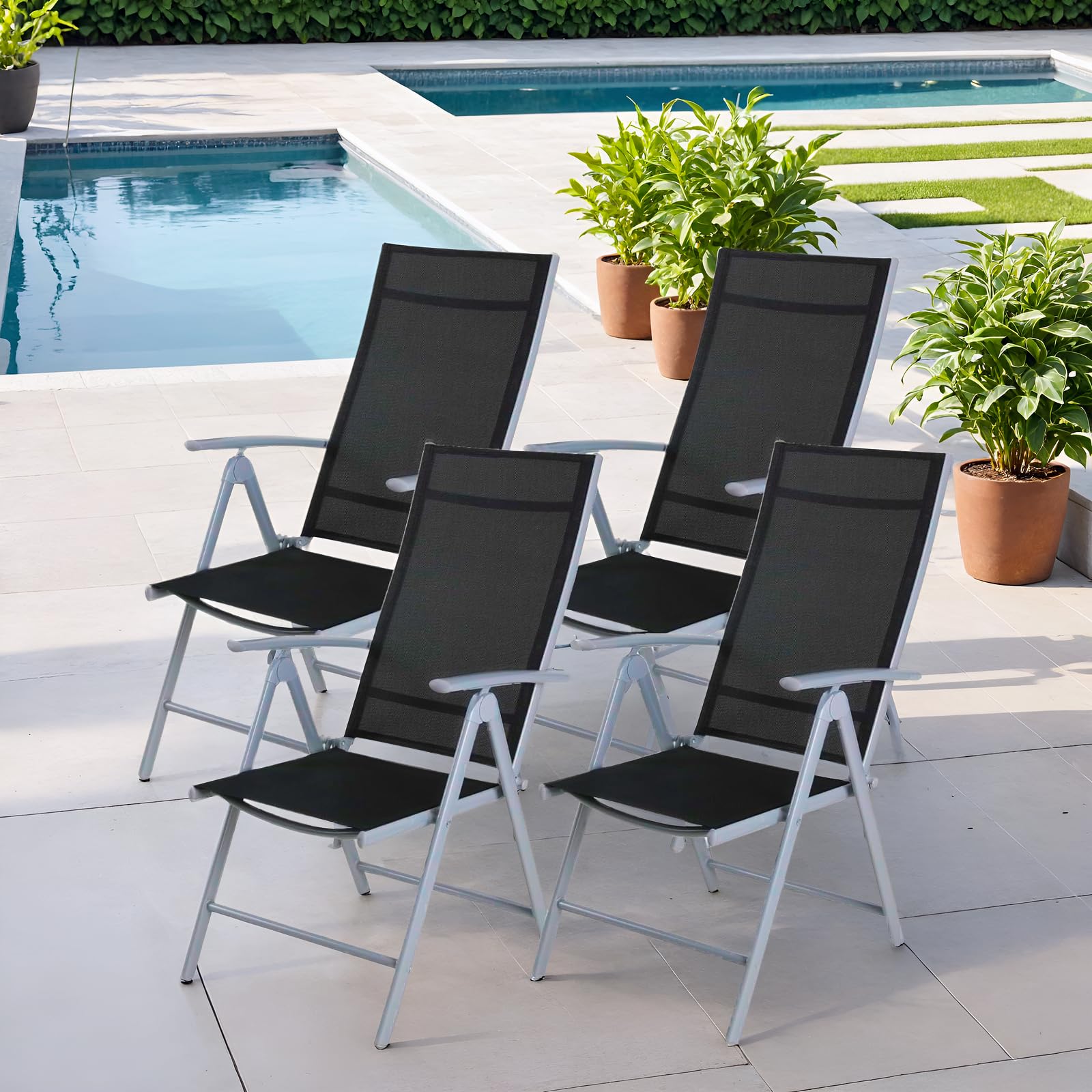 Clevich Gartenstühle Alu 4er Set, Gartenstuhl Hochlehner Klappbar mit 7-Fach Verstellbar Rückenlehne, Balkonstühle bis 120kg, Leicht Campingstühle, Ergonomisch Atmungsaktiv & Komfortabel, Silber Grau