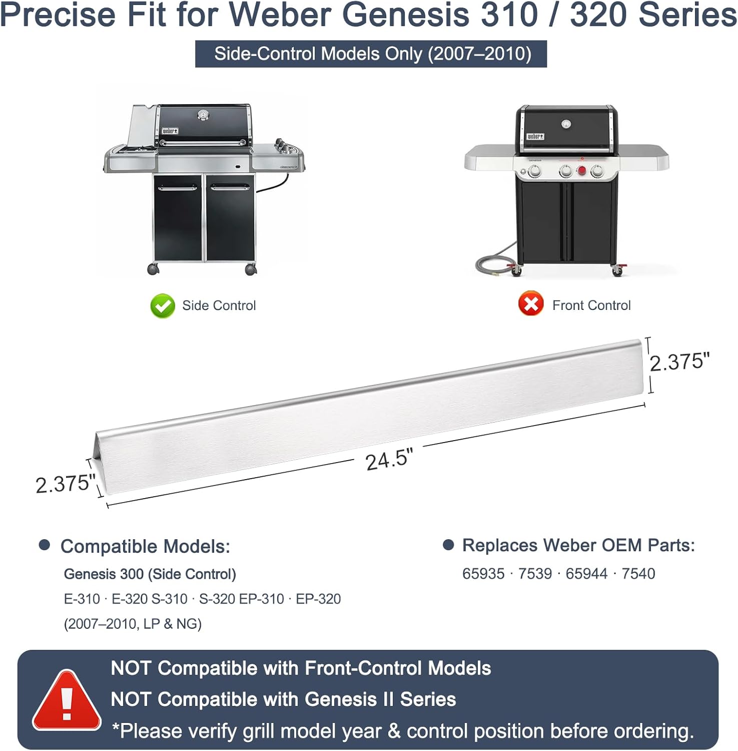 24.5" Stainless Steel Flavorizer Bars - 7539/7540 Replacement Heat Plates for Weber Genesis 300 Series (2007–2010 Side Control: E310/E320/S310/S320/EP310/EP320)
